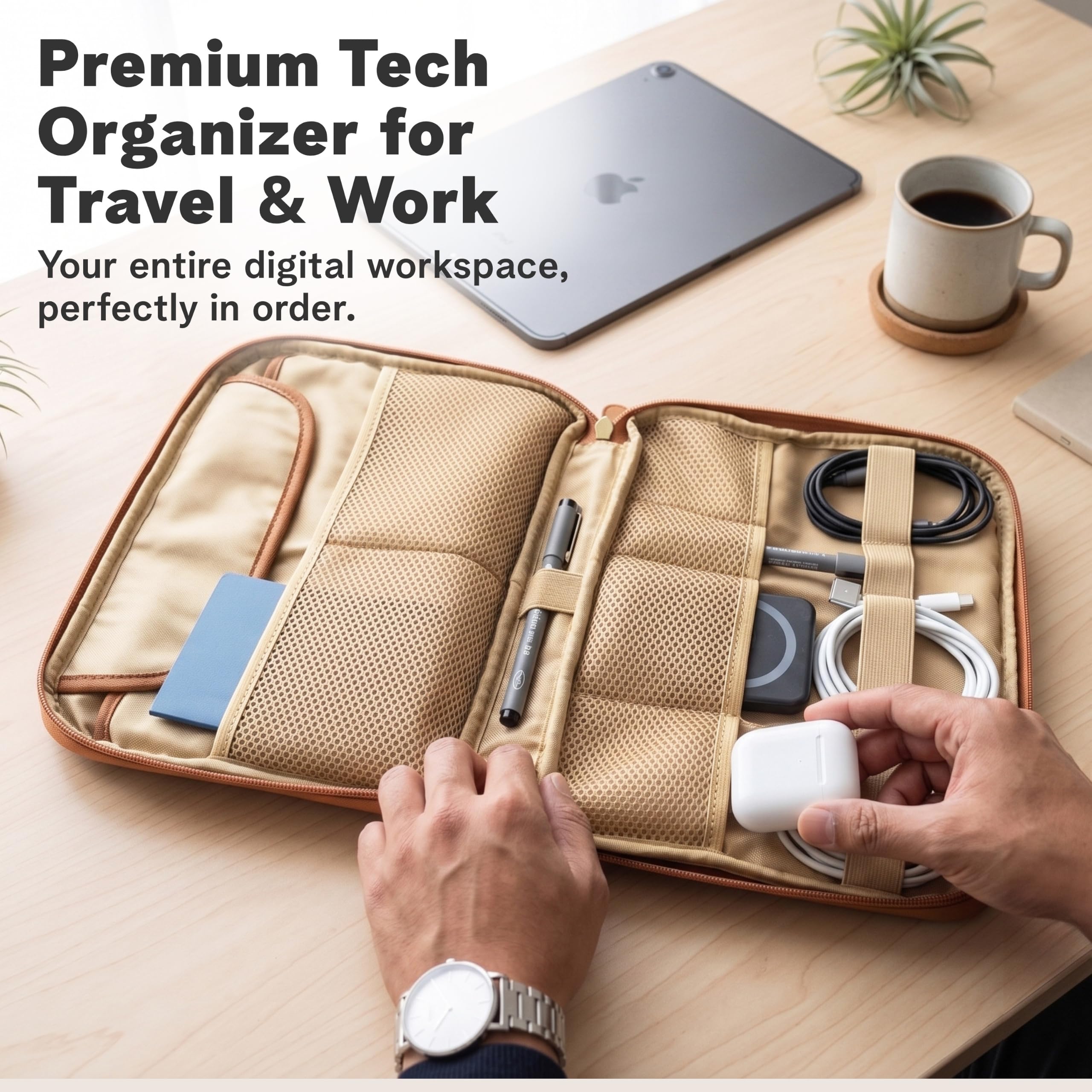 rofozzi Custodia da viaggio in pelle vegana, organizer per elettronica e cavi, con tasca imbottita per tablet da 11 pollici e tasche per passaporto