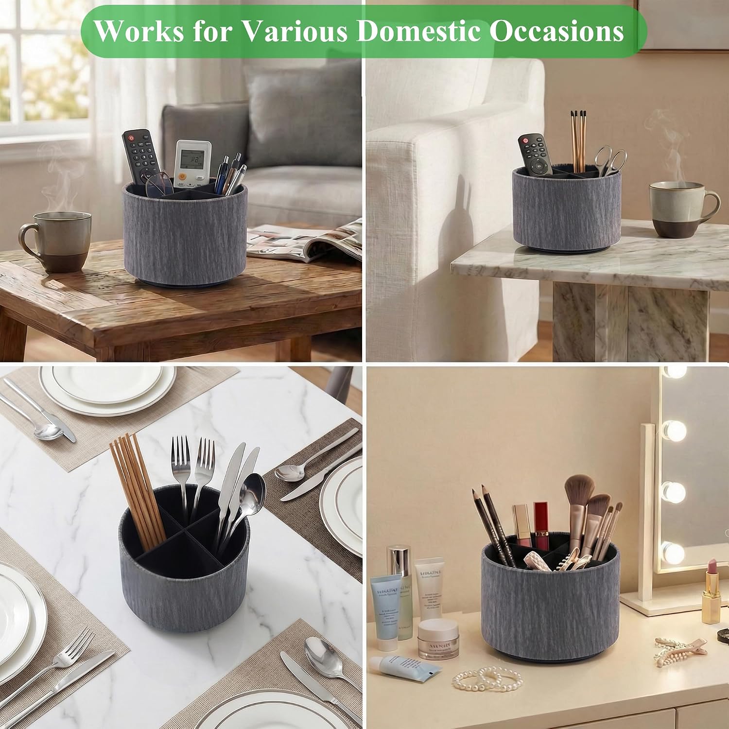 Round Leather Art Supply Organizer,Remote Control Holder,360 Degree Spinning,Multi-Functional Pencil Holder,4 Compartments Desktop Stationary Organizer(1-Thin Wood Black)