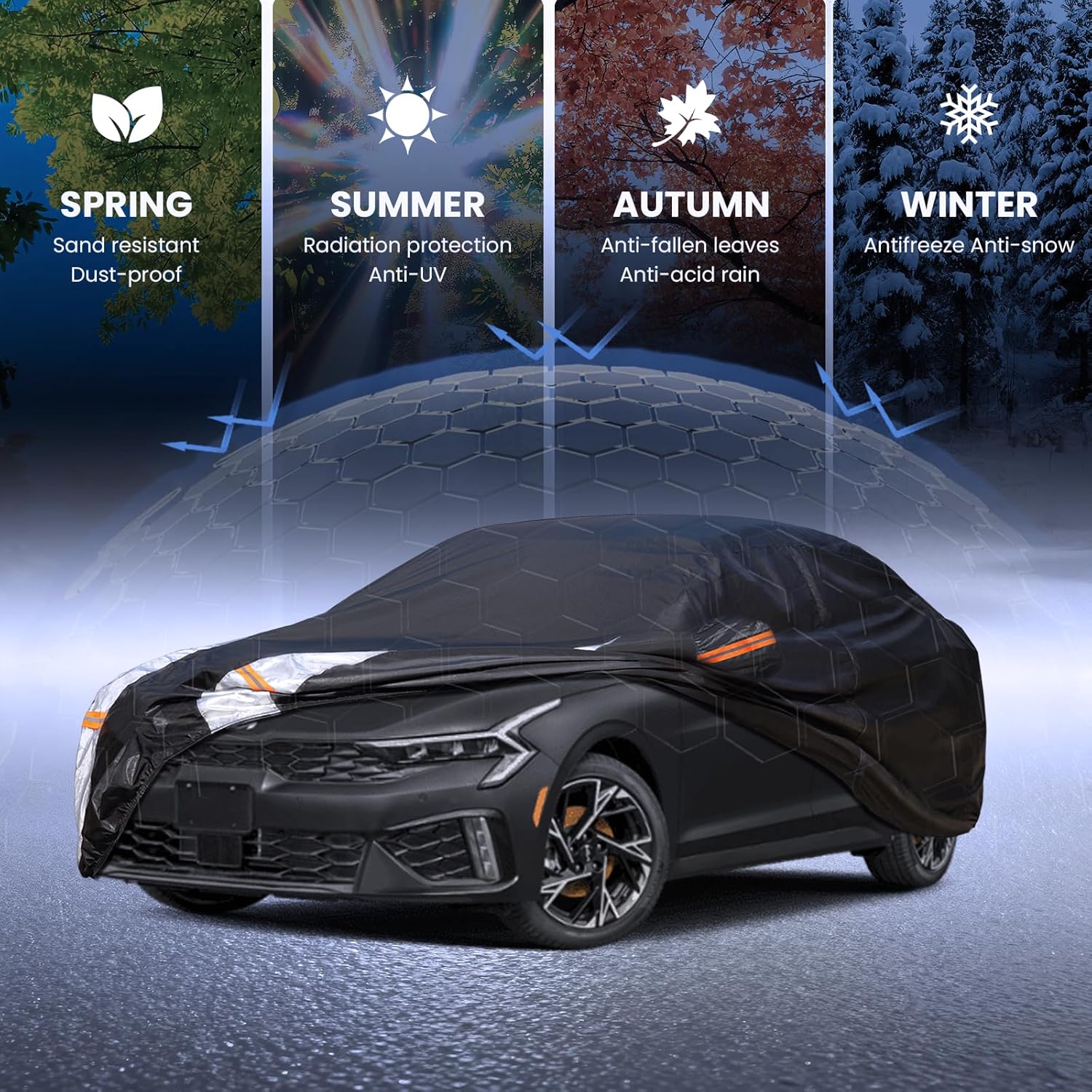 Multi-Layer Car Cover Custom Fit for Kia K5(2020-2026), 100% Waterproof All Weather for Automobiles, Gift with Towel, Heavy Duty Car Covers for Rain Sun UV Protection with Door Zipper