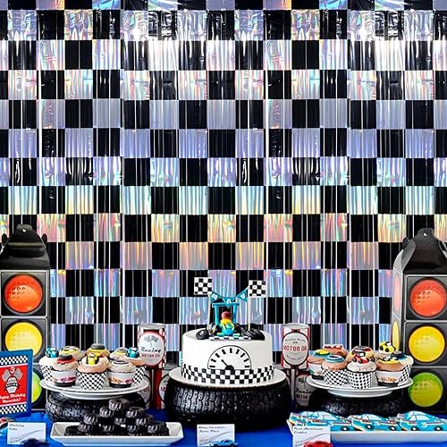 Vista 4 de Paquete de 4 cortinas de flecos de papel metálico a cuadros de coche de carreras de 3.3 pies x 6.6 pies, decoraciones de telón de fondo, serpentinas