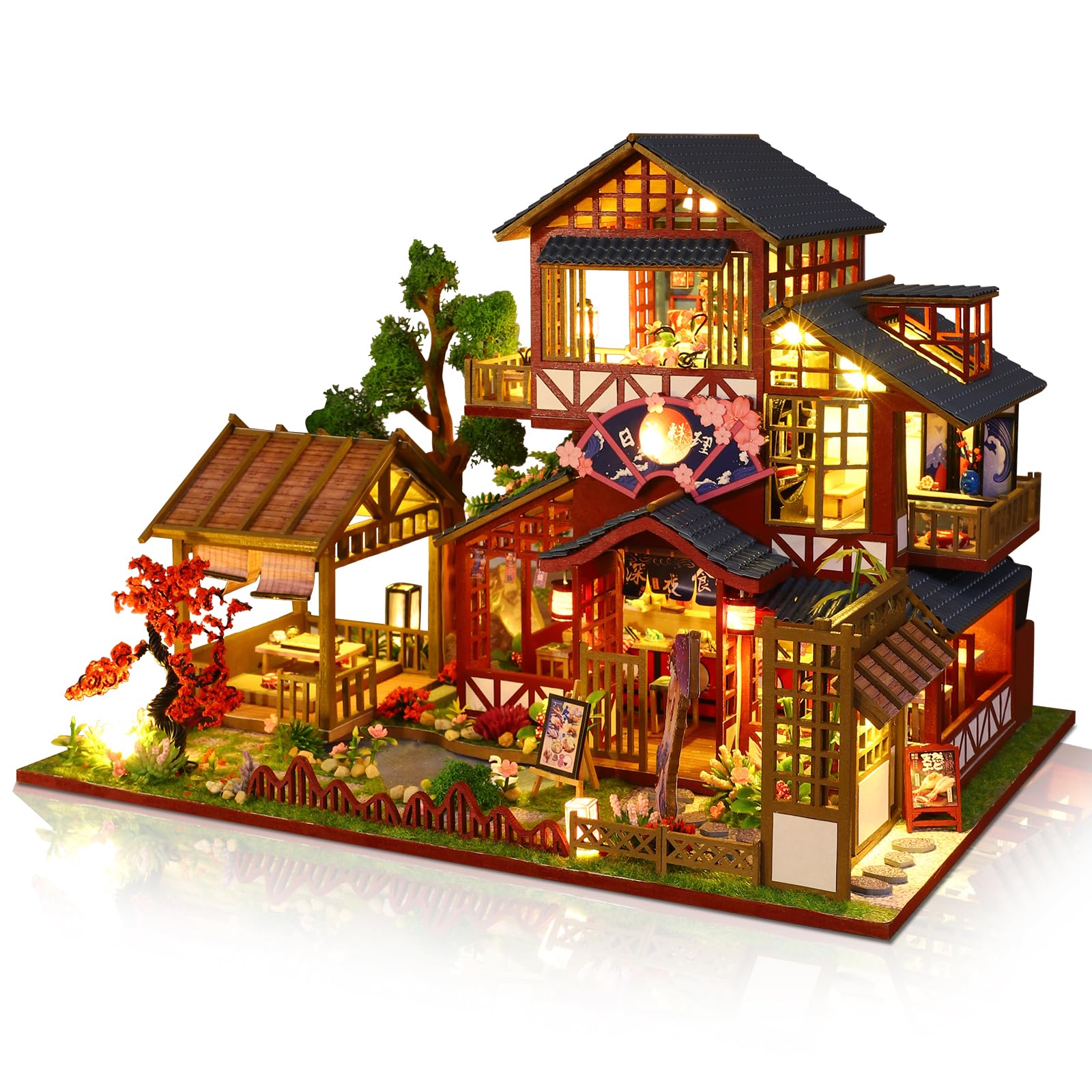 Hallisun DIY Miniature House Kit, Tiny 3D Wooden Japanese Sakura Restaurant, Mini Dollhouse Building Kit with Dustproof Cover & Music Movement, Sushi Shop Craft for Adults, Gift for Family & Friends