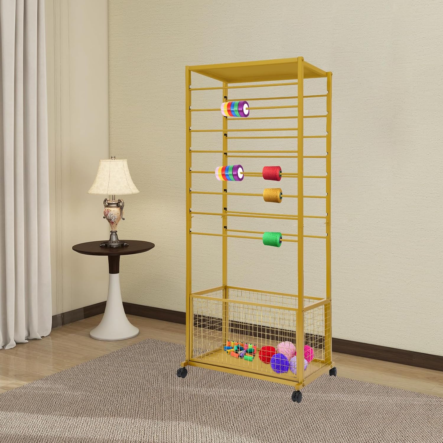 16-Tier Ribbon Holder Rolling Rack, Double-Sided Ribbon Spool Shelf with 16 Removable Rods, Lockable Wheel&Basket, Flower Wrapping Paper Storage Stand for Clothing Store(Gold, 26.38x12.6x59.06in)
