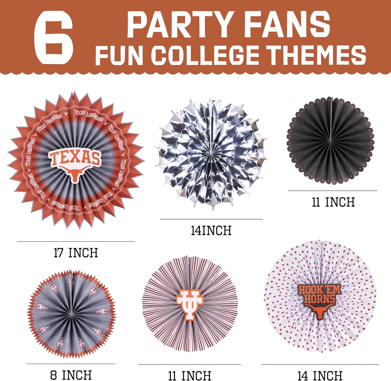 Texas Longhorns Paper Fan UT Backdrop Birthday Graduation Party Decor 6 Pcs image 3