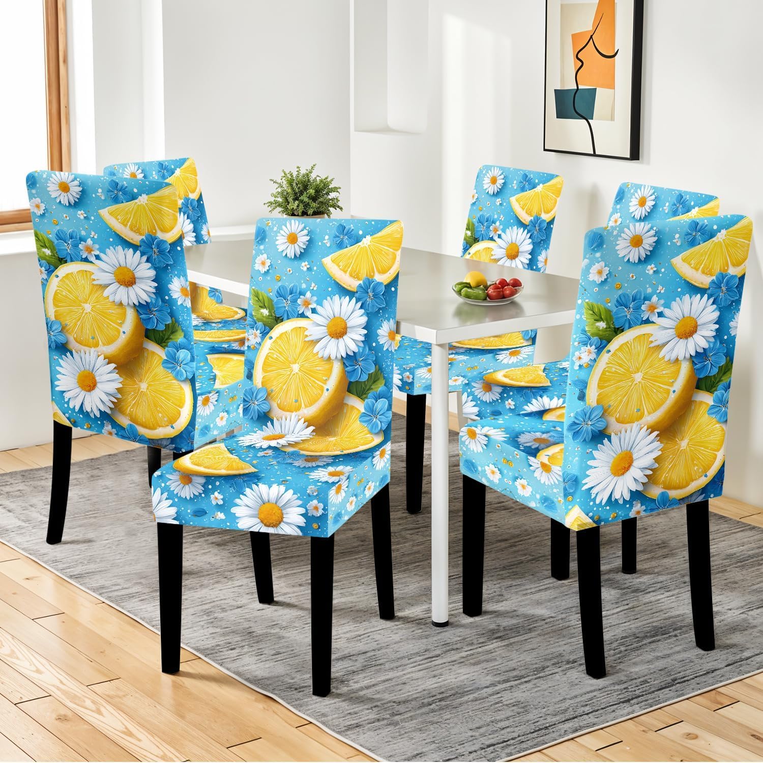 Chair Covers Set of 6, Blue Lemon & Daisy Design, Stretchable Dining Chair Slipcovers, Washable and Reusable, Perfect for Summer, Picnics, and Home Decor