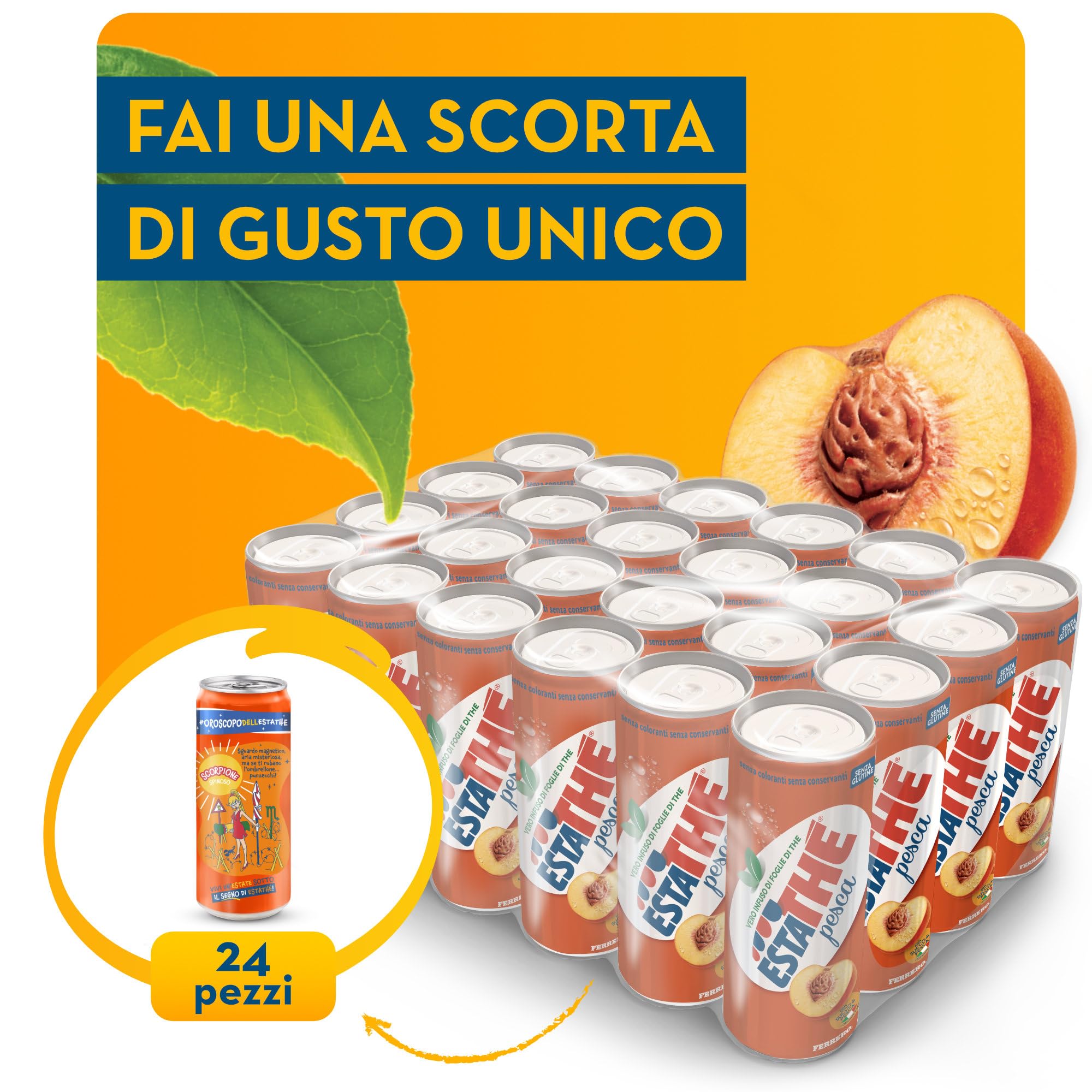 Estathé Pesca - The Freddo con Vero Infuso di Foglie di The e Succo di Pesca, Bevanda Analcolica Senza Glutine, 24 Lattine da 330 ml
