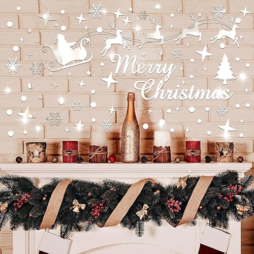 Miniatura 3 de Calcomanías de pared de espejo de Navidad, Feliz Navidad, Papá Noel, reno, copos de nieve, espejo de ventana, se adhiere a la pared, calcomanías de