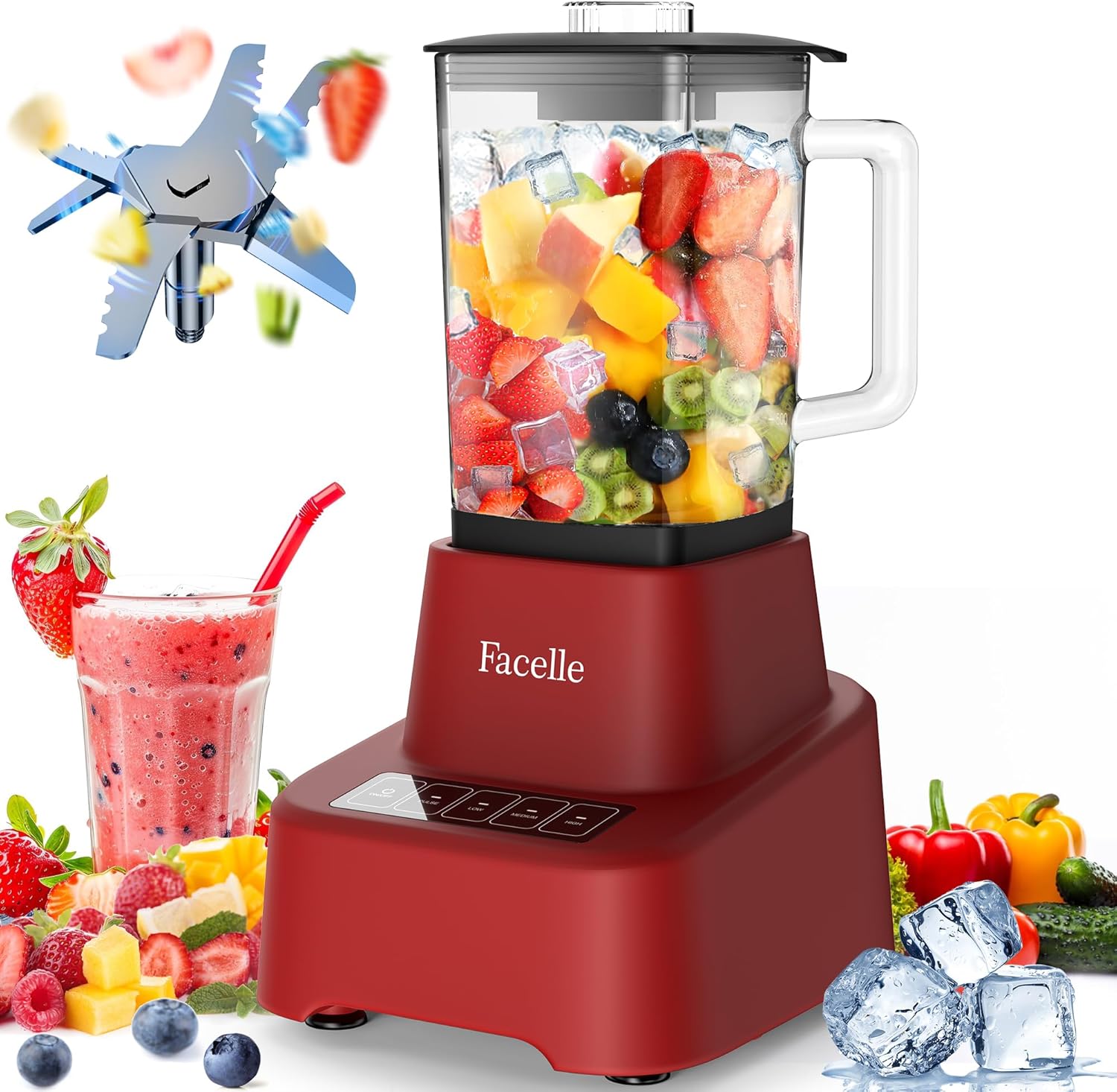 Red Smoothie Blender, Facelle Countertop Blender for Kitchen, 55 oz Glass blender for smoothies and Shakes, Licuadora, Smoothie maker with touchscreen 3+P Speeds, Cleaning brush ＆ removable SS blade