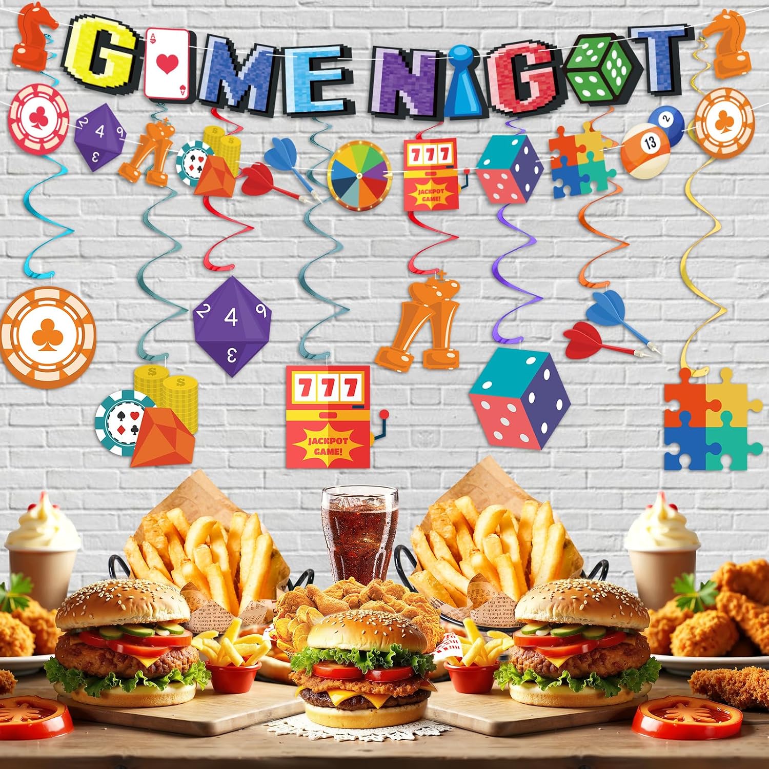 Game Night Party Decorations Family Game Night Banner Games on Birthday Party Banner Hanging Swirls Ceiling Streamers for Kids Adult Video Chess Card Games Party Supplies Decor