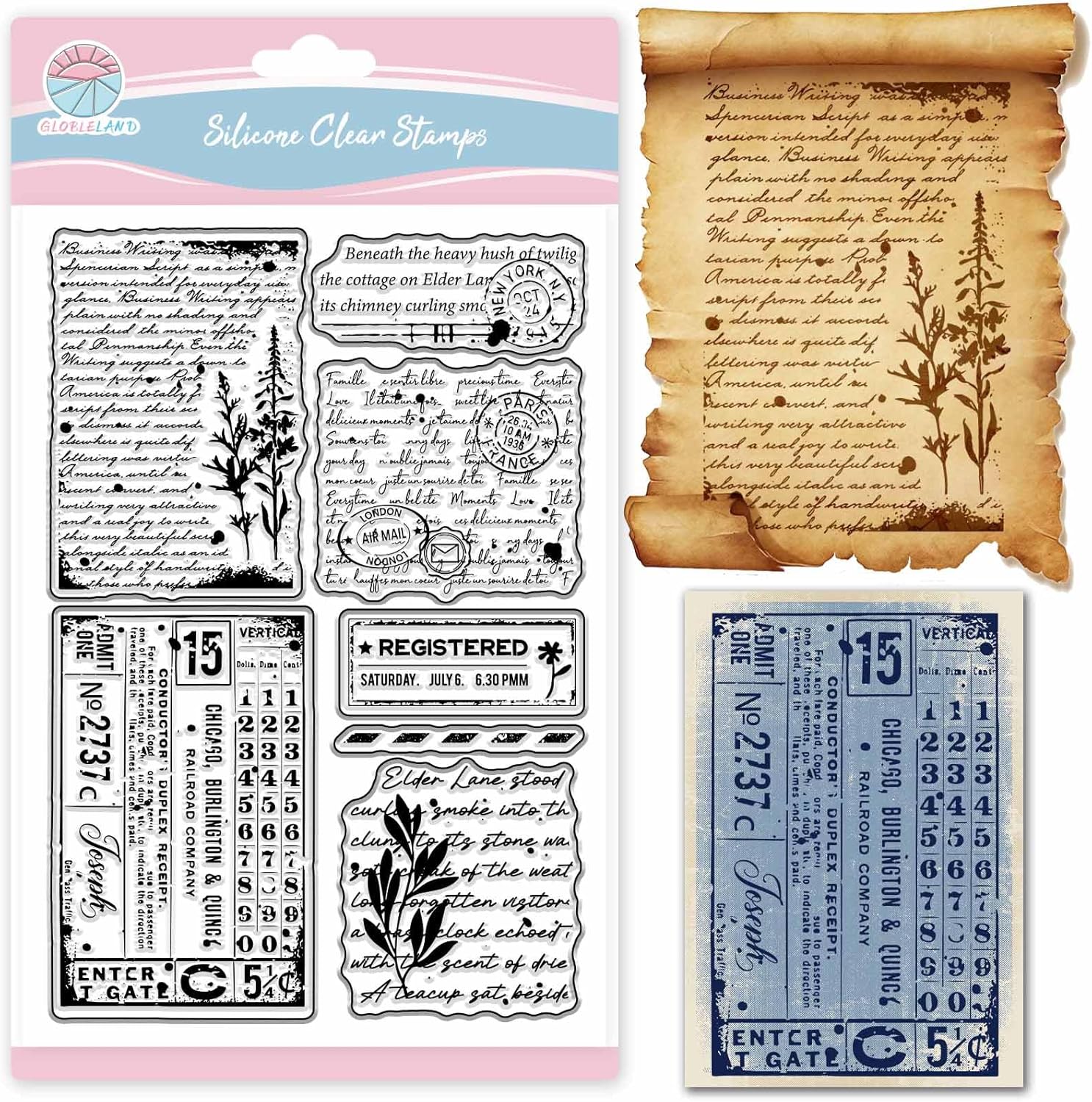 GLOBLELAND Vintage Schets Vlinder Rose Klaprozen Clear Stempels Handgeschreven Letters Siliconen Clear Stempel Zegels Voor Kaarten Maken DIY Scrapbooking Foto Journal Album Decoratie