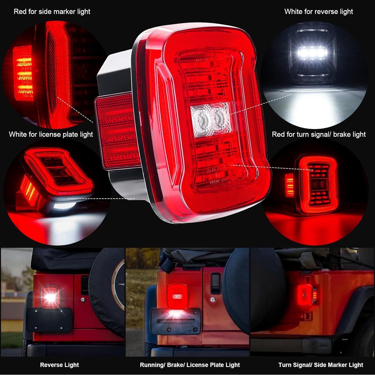 LED Taillights Compatible with 1987-2006 Wrangler TJ YJ, Multifunction Rear License Plate, Running, Brake, Turn Signal, Reverse Light Kit, with 4-Pin EP26 LED Flash Relay and Adapter, Red Len