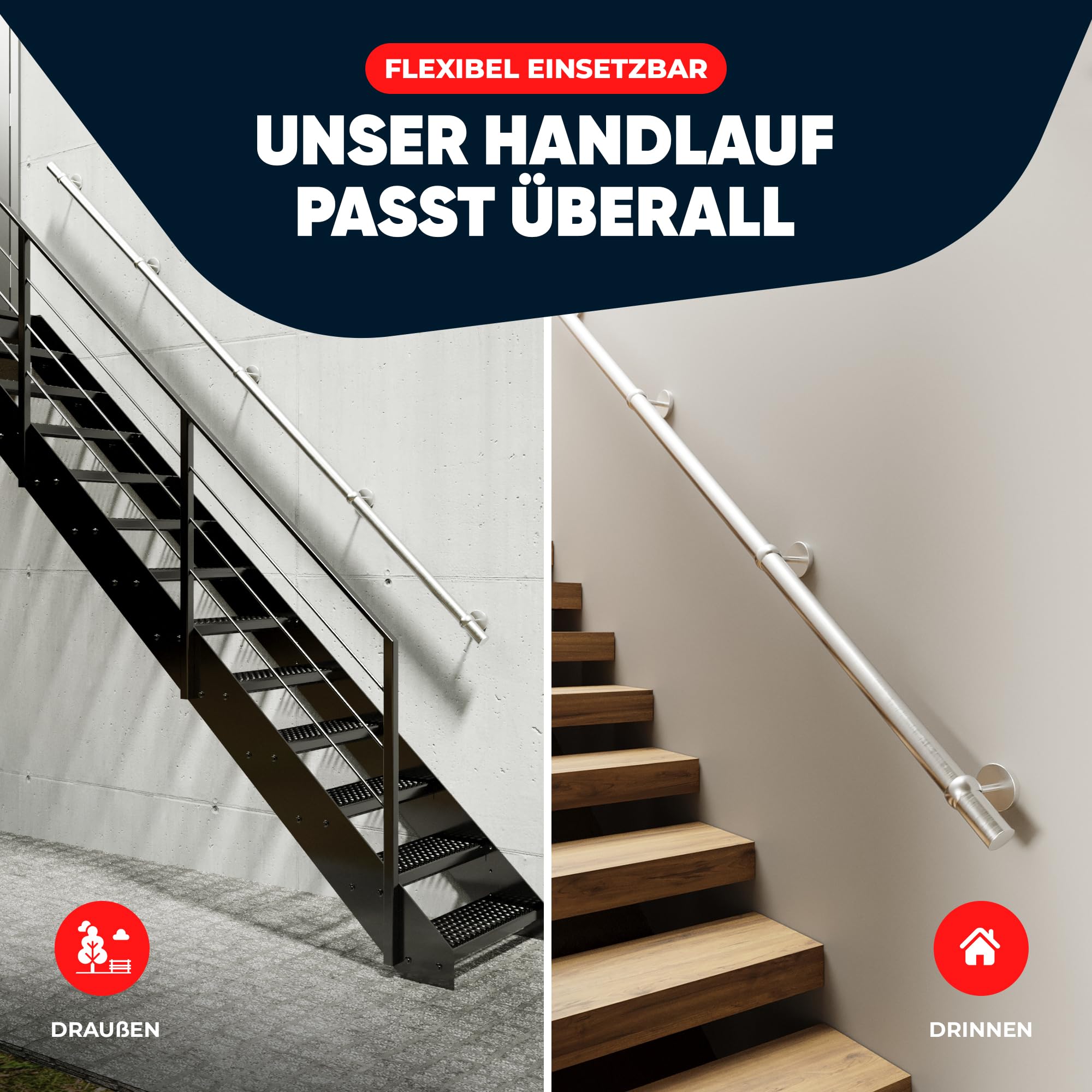 Handlauf Edelstahl Ø 42,4 mm, Markenhandläufe, für Außen- & Innenbereich, Wandhandlauf Brüstung Geländer, 4 verschiedene Varianten