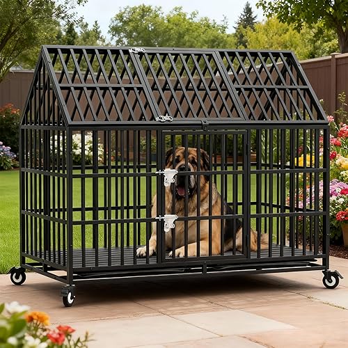 Miniatura 2 de Jaulas resistentes de 54 pulgadas para perros grandes, jaula indestructible a prueba de escapes con ruedas bloqueables, doble puerta de alta
