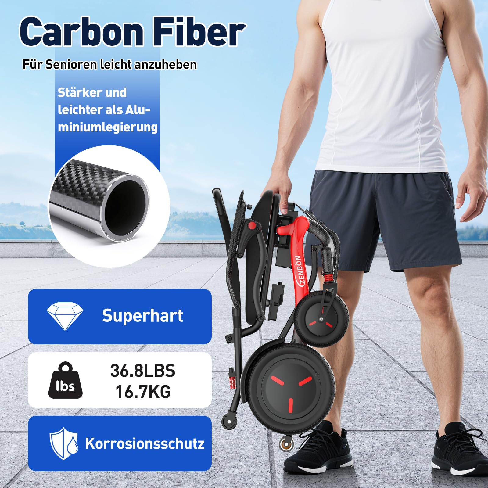 Carbon Rollstuhl Elektrisch Faltbar Leicht: Nur 16.7 kg schwer Elektrorollstuhl Faltbare für All Gelände - 25KM Elektrischer Rollstuhl für Senioren bis 150 kg