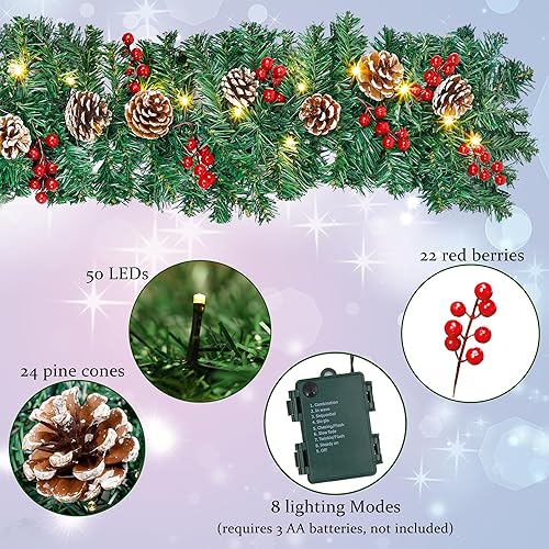 Miniatura 3 de GUOOU Guirnalda de Navidad Iluminada de 9 Pies (2.7 m), Guirnalda de Navidad a Pilas con Luces, Corona Guirnalda Preencendida para Decoraciones
