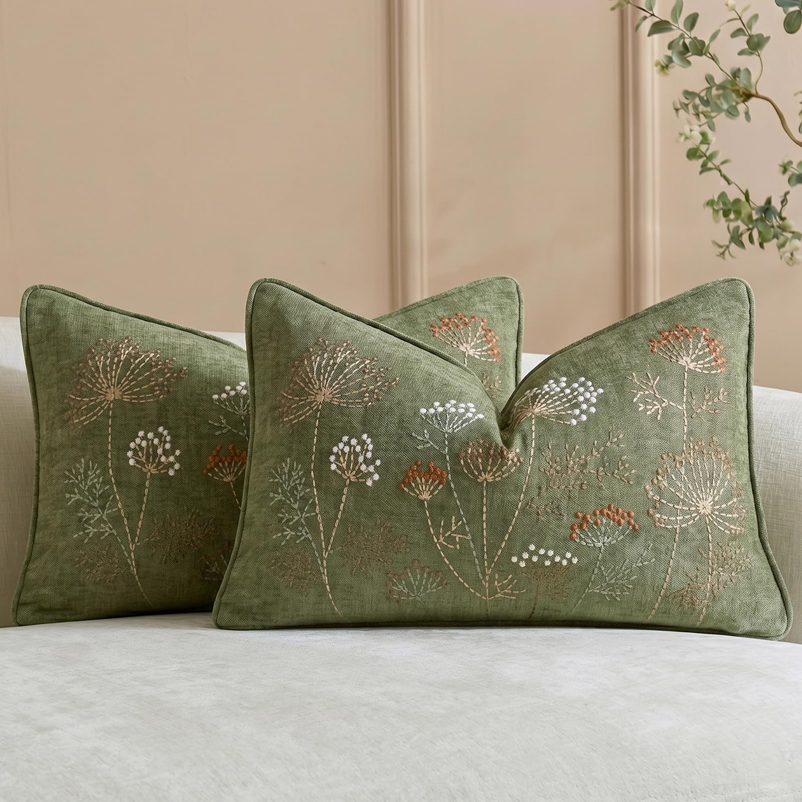 HOSTECCO Set of 2 Embroidered Lumbar Cushion Covers 30x50 cm, Chenille Botanical Wildflower Decorative Rectangle Scatter Cushions, Sage Green Pillow Cases for Sofa Bed Farmhouse Decor — image 1