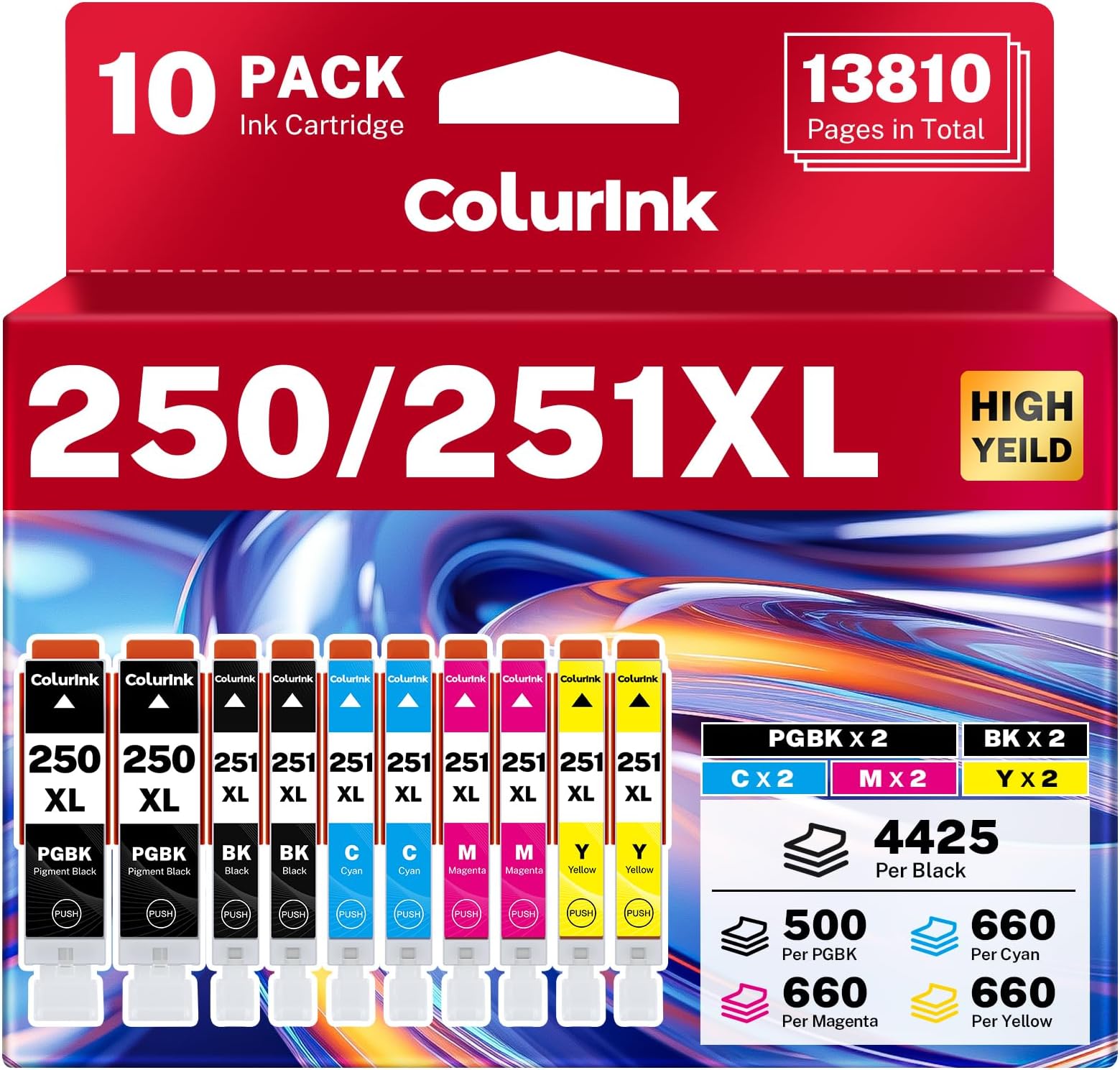 250 251 Printer Ink Cartridges Replacement for Canon MX922 Ink Combo, PGI-250XL CLI-251XL PGI 250XL 251XL XL Smart Ink for Color Printers Pixma IP8720 IX6820 MX920 MG5520 MG7520 MG6620 (10 Packs)