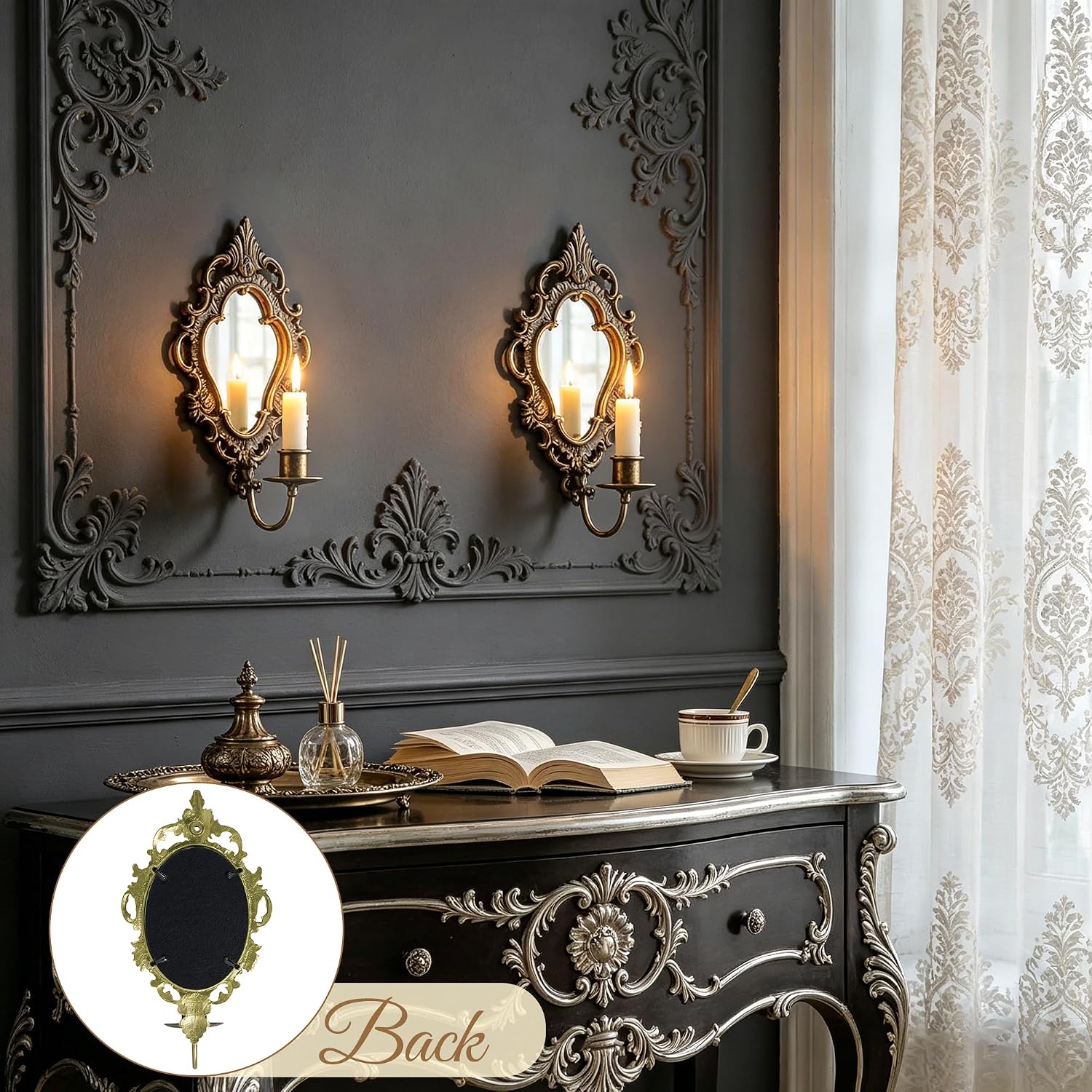 SOFFEE DESIGN Set of 2 Antique Gold Wall Sconces, Vintage Candle Holder with Distressed Mirror & Ornate Frame, for Taper Candles in Bedroom Hallway Decor