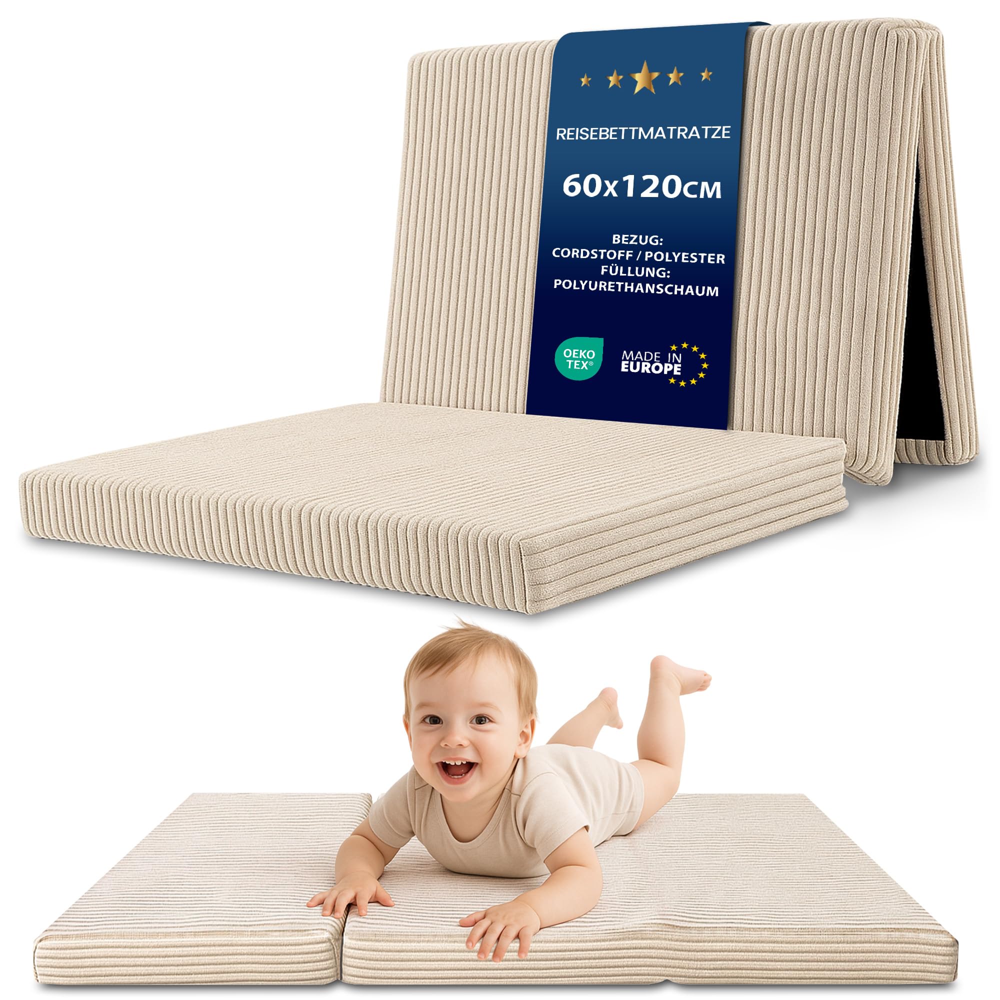 Klappmatratze Kinder Faltmatratze 60x120 cm - Faltbare Matratze Gästematratze Bodenmatratze Kinderzimmer klappbare Schlafmatratze Foldable Mattress Reisematratze faltbar Oeko-Tex 60 x 120 Beige