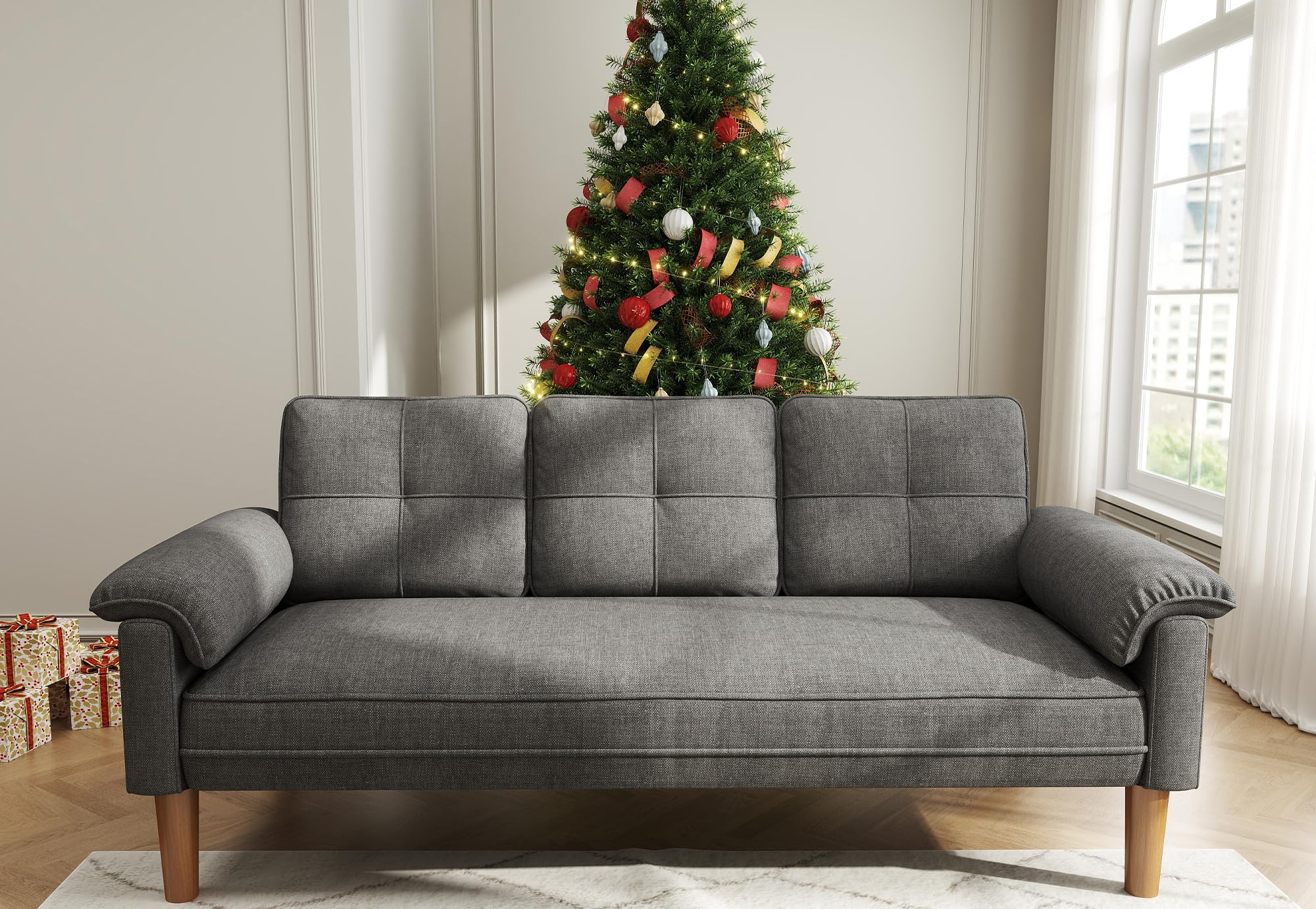 Ahomly 3-Seater Sofa, 69" Couch for Living Room,with Extra Deep Seat, Padded Armrests, Solid Wood Legs, Dark Gray