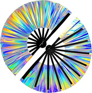 1Pcs Holographic Folding Hand Fan Line Dance Popping Fan,Large Folding Hand Rave Fan for Line Dancing,Festivals,Rainbow Outfits,Disco Party,Burlesque,Drag Queen for Rave Accessories 11inch