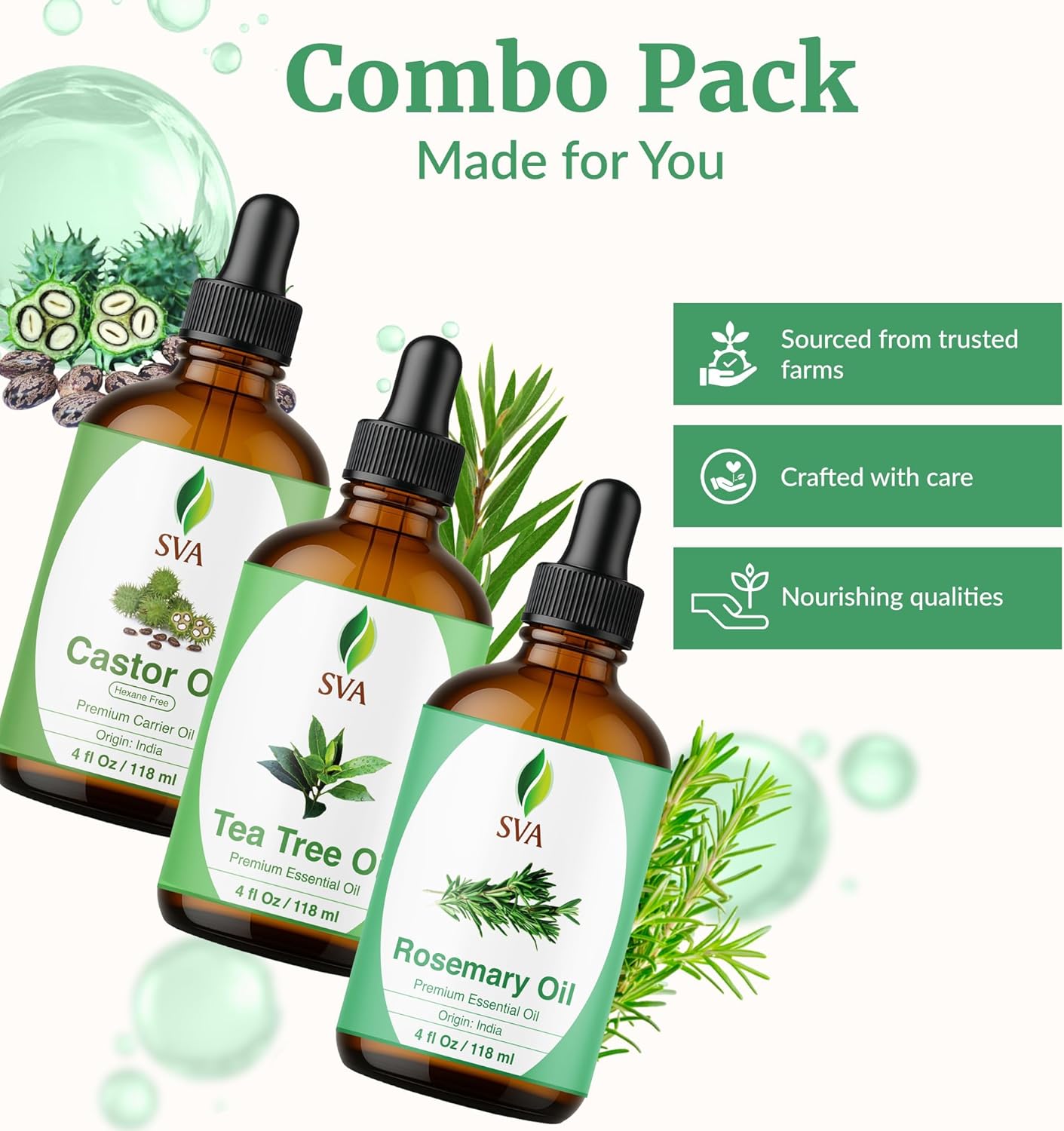 SVA Rosemary Essential Oil, Tea Tree Essential Oil and Castor Oil 4oz Bundle Super Saver Combo – Premium Grade Value Set for Hair Oiling, Scalp Massage, Hair Care, Skin Care and Body Massage