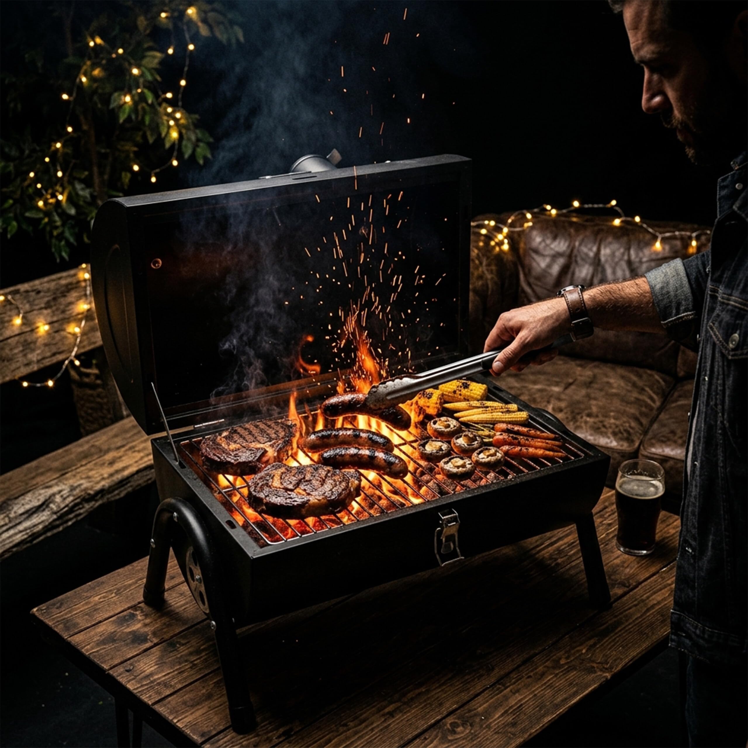 Relaxdays Grill da Campeggio, 2 vaschette Carbone, termometro, sfiato, Nero | 35 x 41 x 29 cm, grill da tavolo portatile