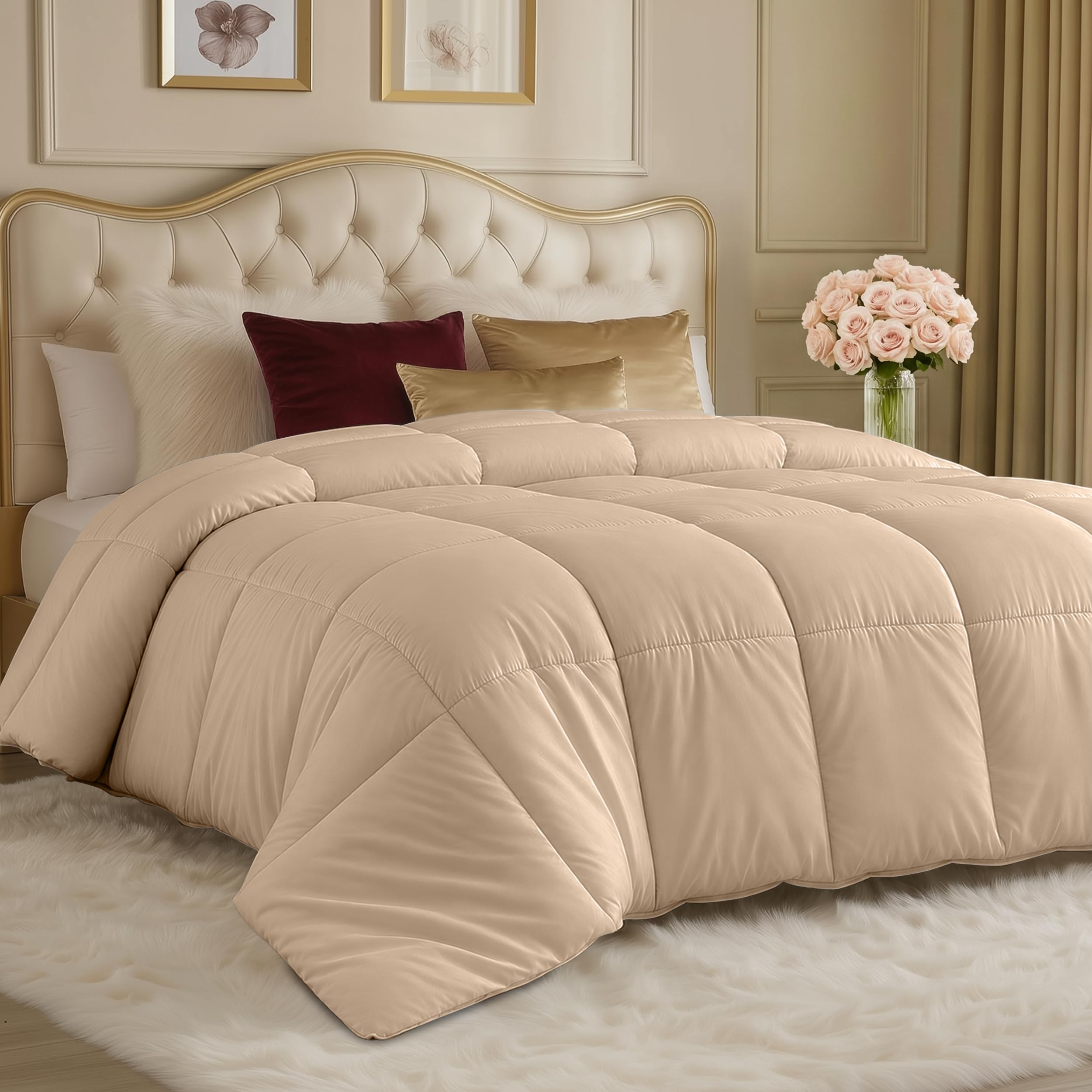 Utopia Bedding Piumino per tutte le stagioni, 250 g/m², in peluche, con imbottitura in fibra siliconata, con cuciture (beige, queen size)