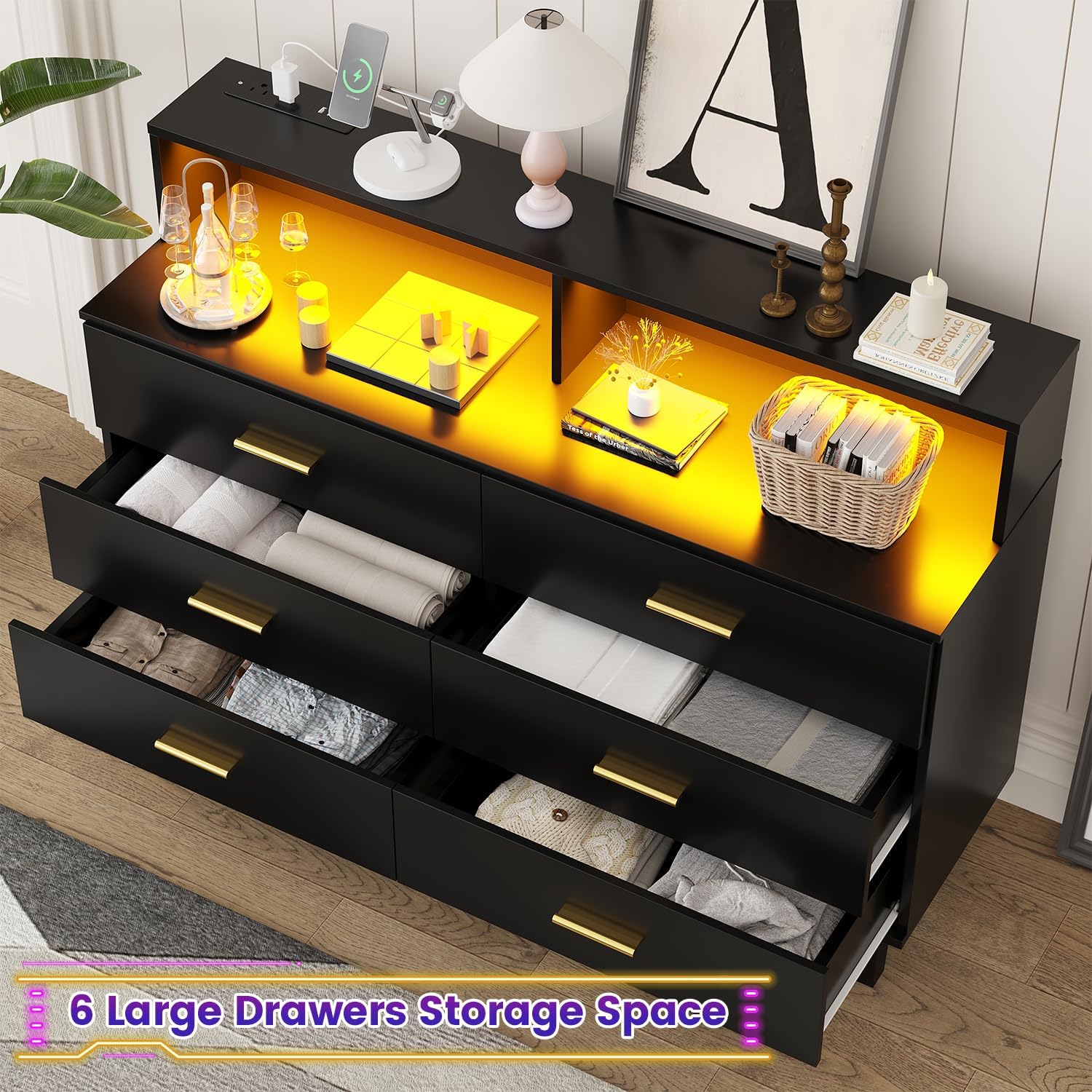 Black Dresser with LED Lights, 6 Drawer Dresser with Power Outlet for Bedroom, Large Wooden Chest of Drawers, Organizer Cabinet for Bedroom,Living Room,Hallway, Entryway