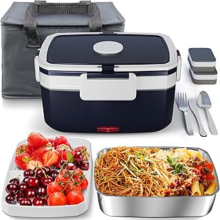 Electric Heated Lunch Box for Men - 3 Liters Double Layer Portable Food Warmer for Car Truck 90 W Self Heating Lunch Box for Adults Food Heater for Work Travel Camping lonchera,Blue&white