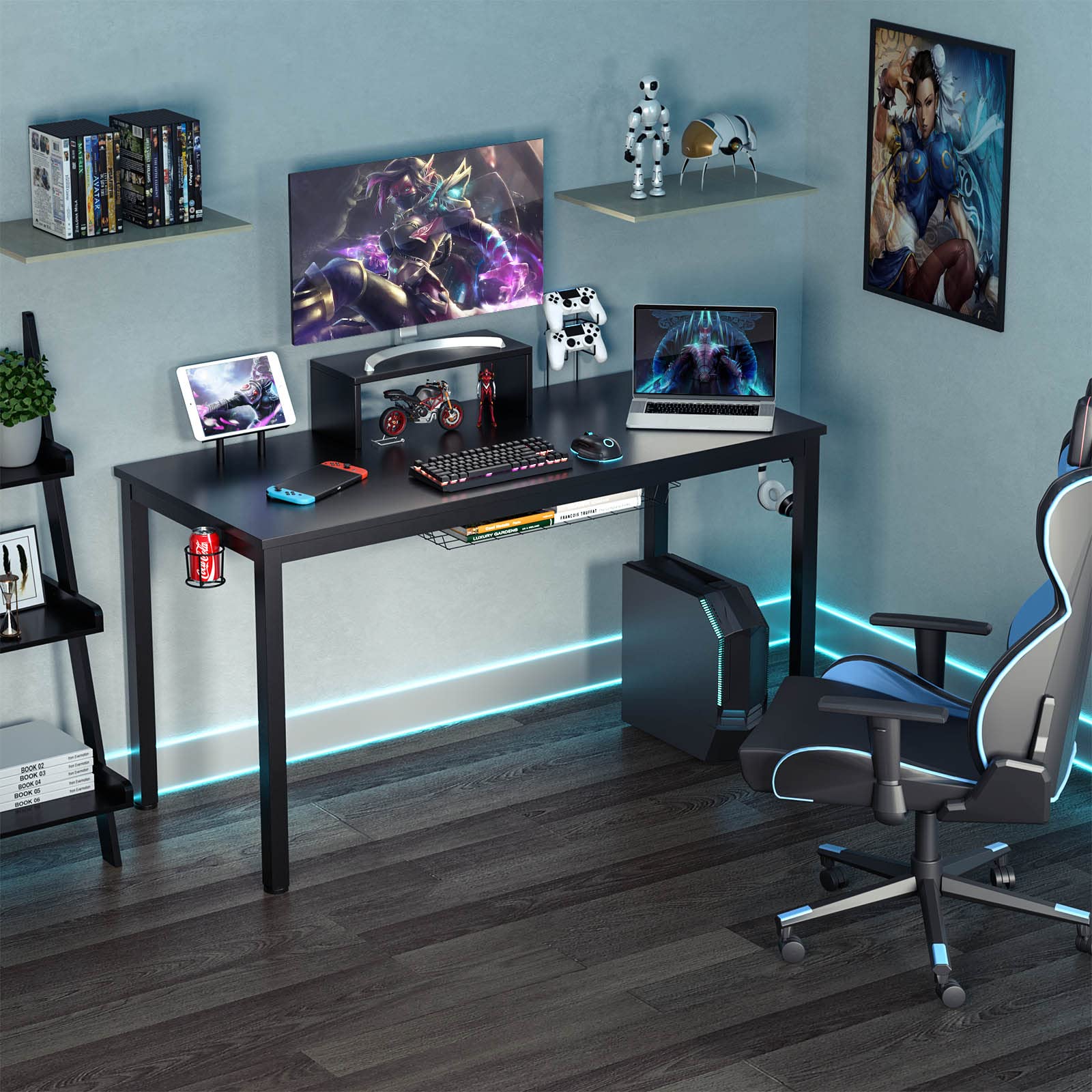 LIFEZEAL Scrivania Computer Gaming, con Supporto di Monitor, Cuffie, Tablet, Portabicchiere, Mensola, Tavolo per Gamer, Studio, Gioco, Postazione di Lavoro, Legno+Metallo, Max 60kg, 140x60x74cm