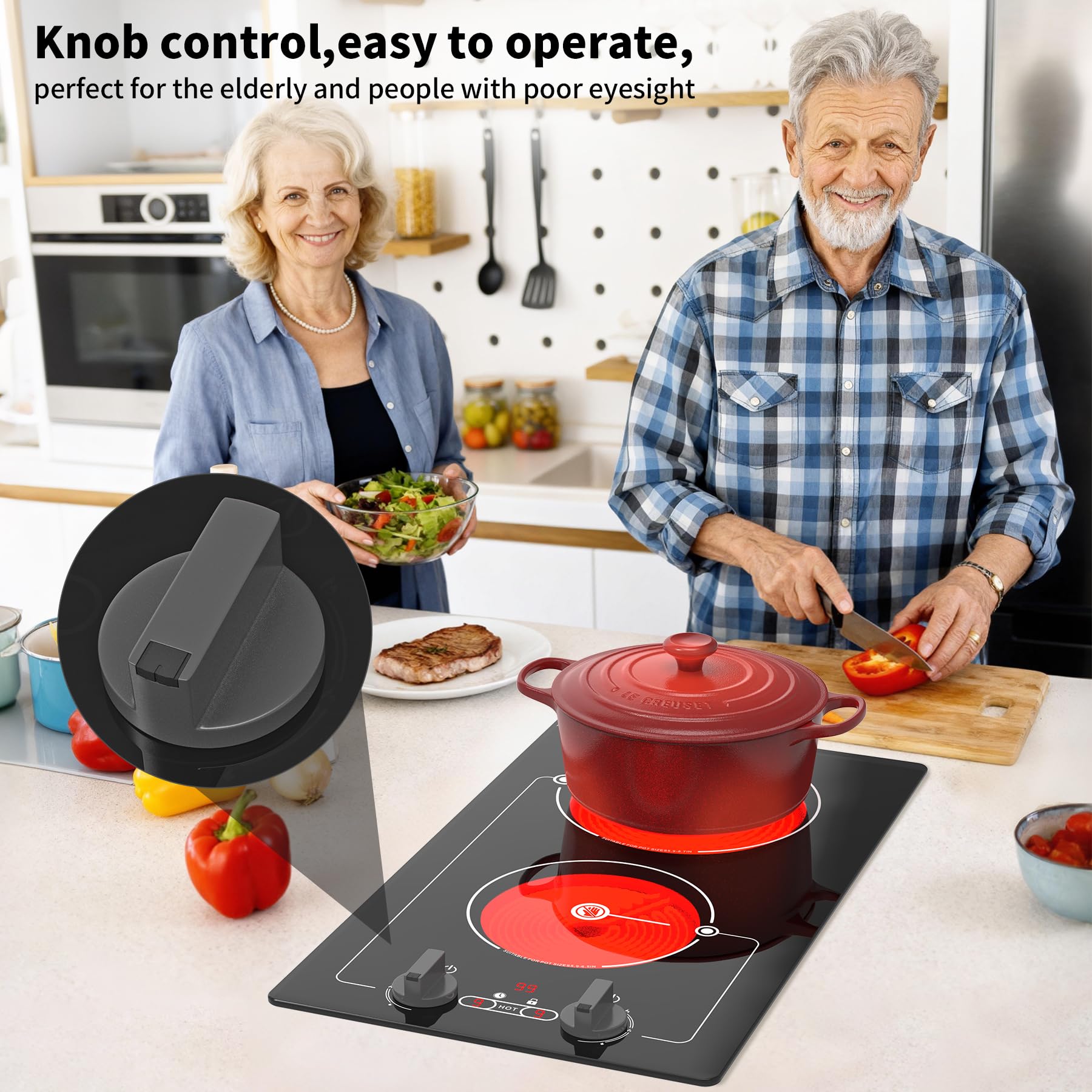 VBGK electric hob,Built-in Design and Countertop Stove Top with Knob Control&Touch Control,10 Power Level, Timer & Kid Safety Lock,220V 3000W 2 burner electric hob — view 2