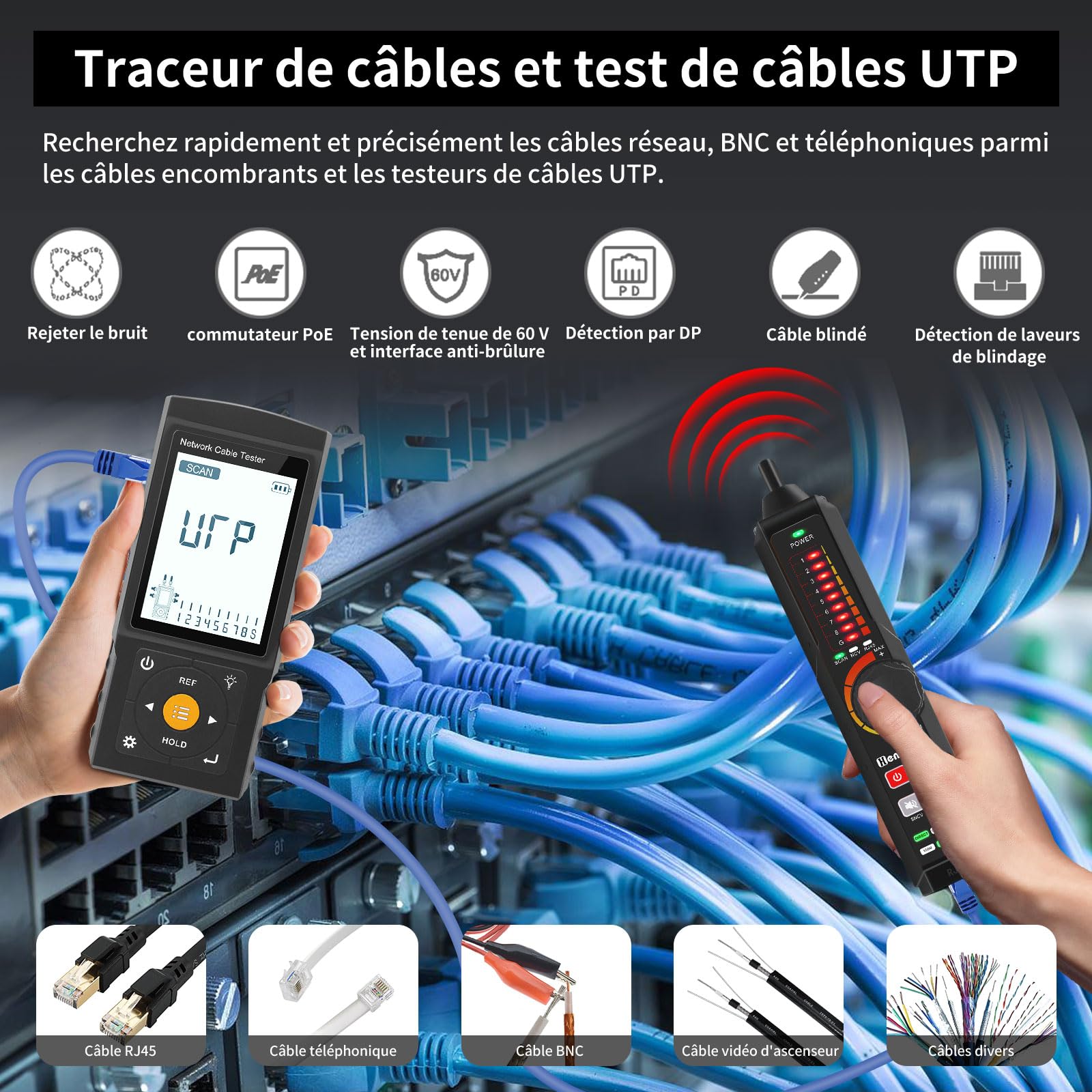Henkion Testeur RJ45 Professionnel Traceur de Câbles Réseau Multifonction, test de continuité UTP et défaut connecteur, longueur, OPM, POE 802.3af/at/bt etPOE non standard, clignotement port, NCV