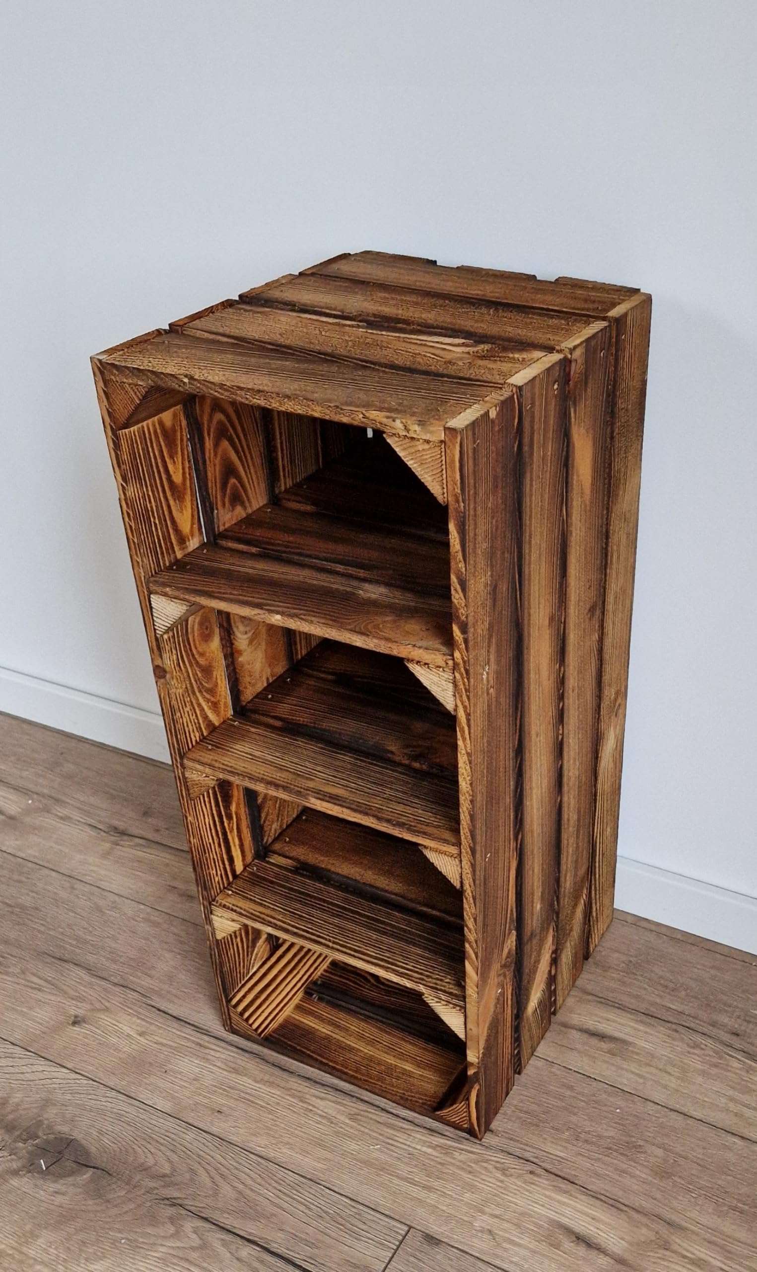 PYXIDAS Wooden Shoe Rack, Rustic and Vintage wooden Crate Tall Shoe Rack, Fruit Crates (4 slots, Burnt Effect)
