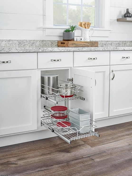 Rev-A-Shelf 2-Tier Kitchen Pullout Organizer, Base Cabinet Steel Wire Shelves, 15