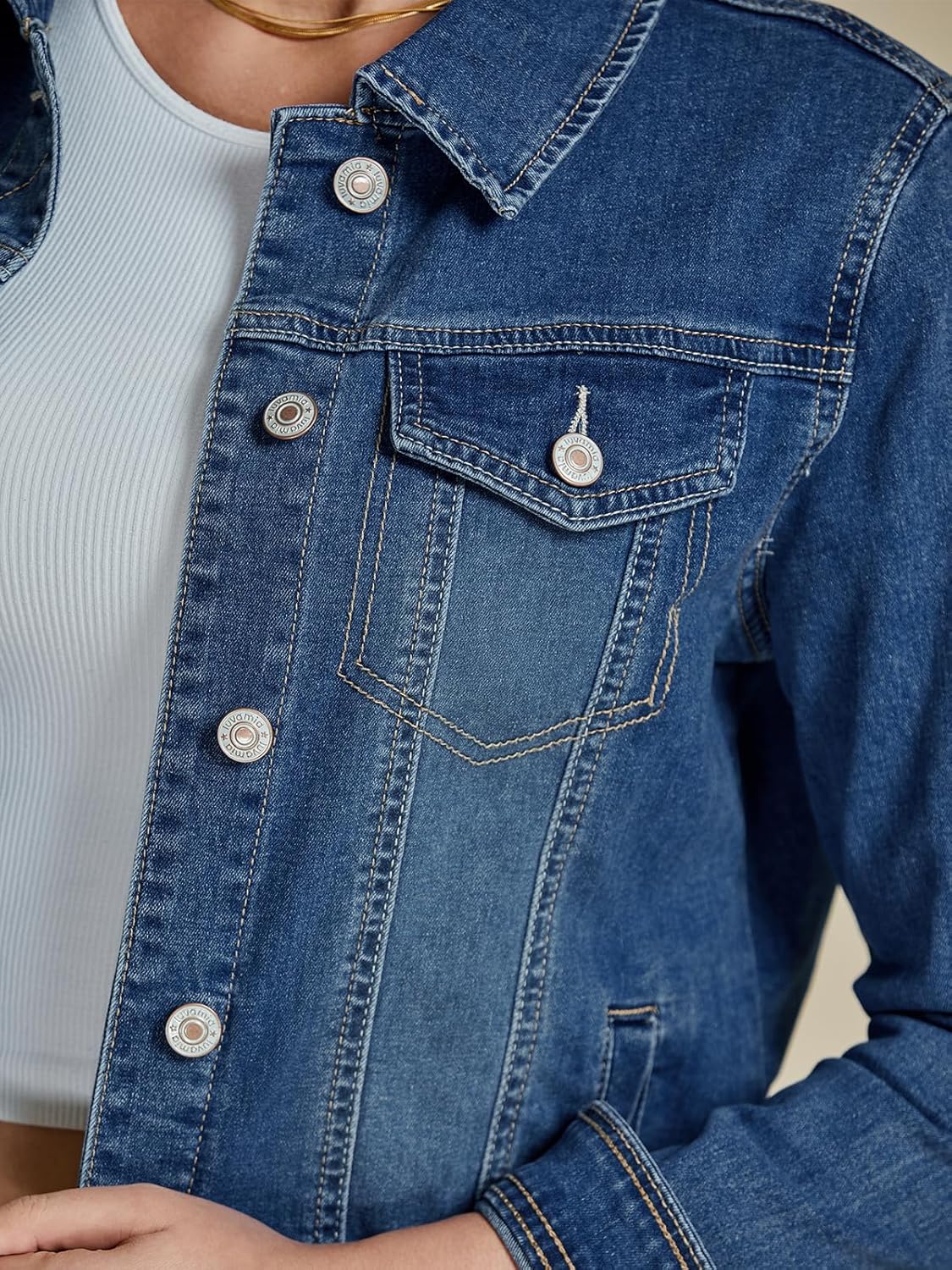 luvamia Women's Basic Button Down Stretch Fitted Long Sleeves Denim Jean Jacket - Image 4