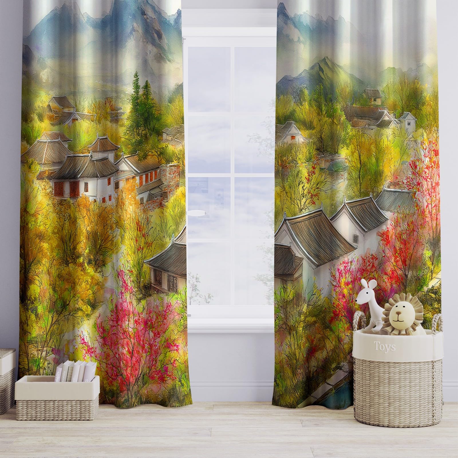 Rideau Occultant Imprimé Peinture à L'huile, Rideaux à Œillets Nuage Rural Oriental Décoration Moderne pour Enfant Ado Adultes - Rideaux (Lot de 2) 91.5L X 214H cm pour Chambre à Coucher et Salon