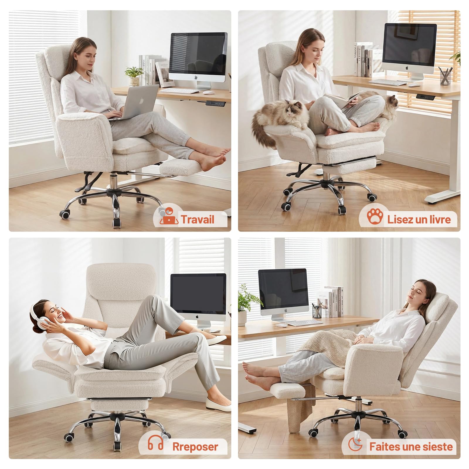 Chaise de Bureau Ergonomique avec Accoudoirs Réglables 5 Niveaux, Repose-Pieds, Soutien Lombaire, Hauteur Réglable, 200kg, Blanc