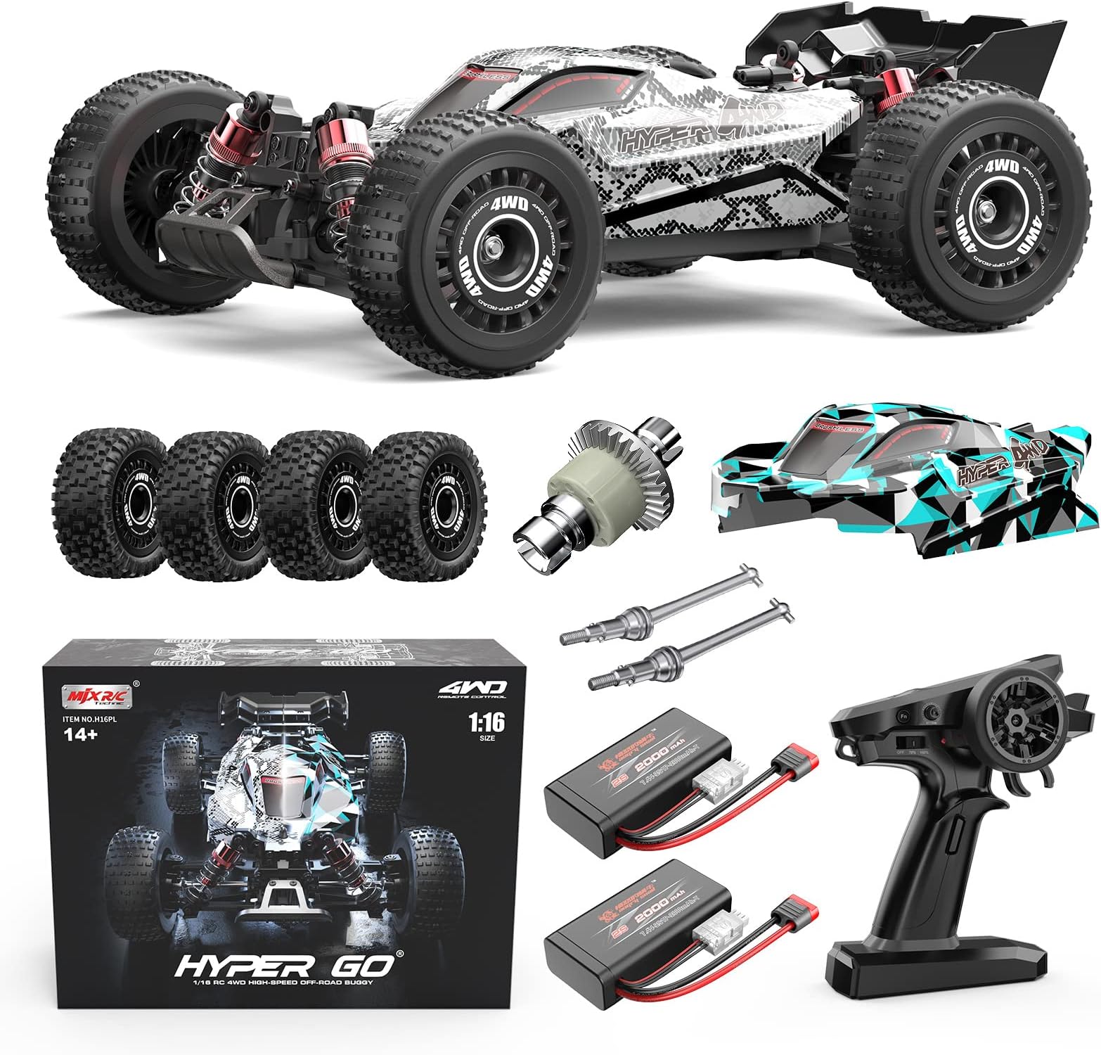 H16PL 1/16 RTR Brushless Offroad RC Buggy, Fast Race Cars for Adults, Max 38 mph Hobby RC Truck, 4WD High Speed Racing Remote Control Car with 2S 2000 mAh Battery for RC Basher, White