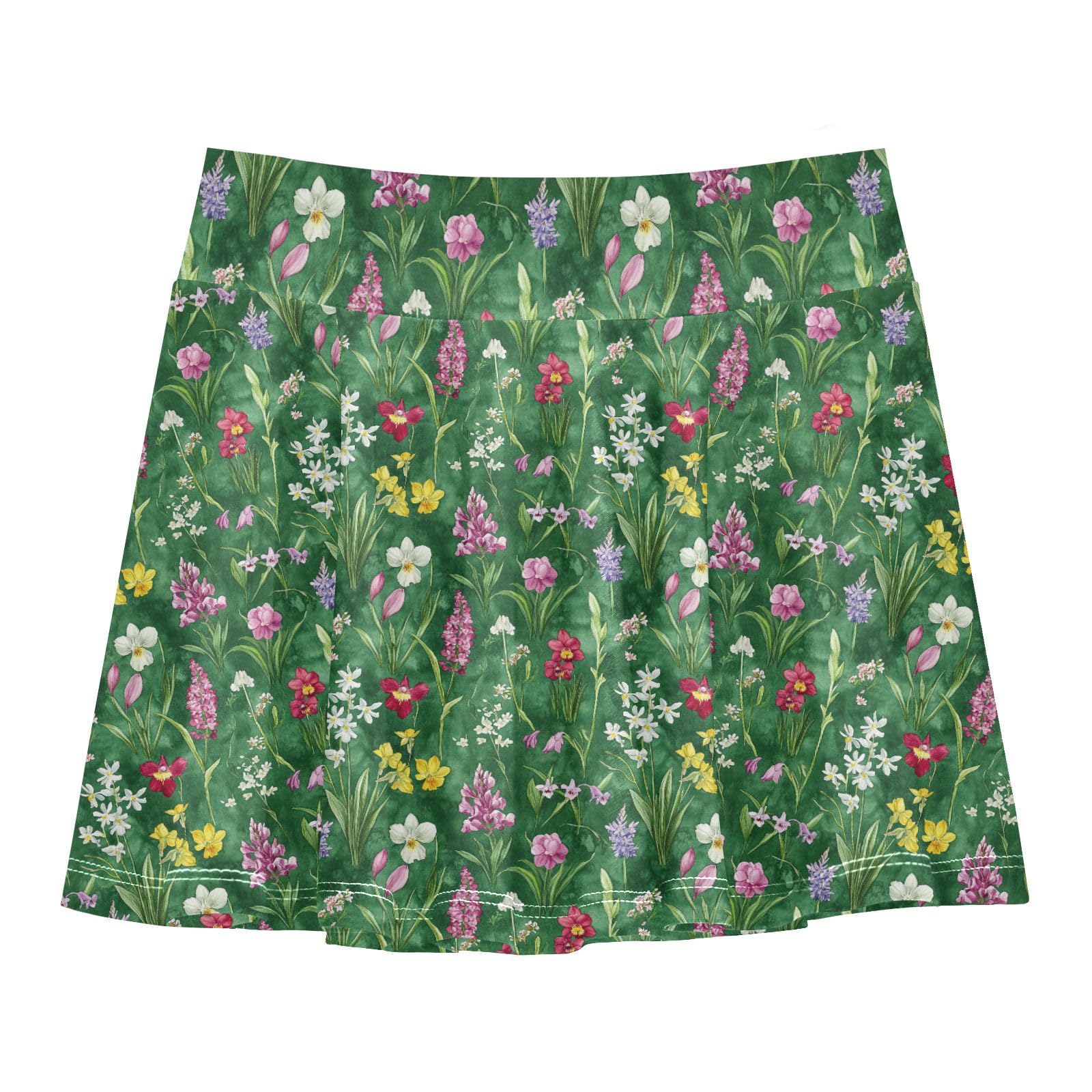 Spring Flowers Tennis Skirt for Girls with Built in Shorts Flowy Girl Skorts Kids Pleated Skort with Pockets 4-12Y