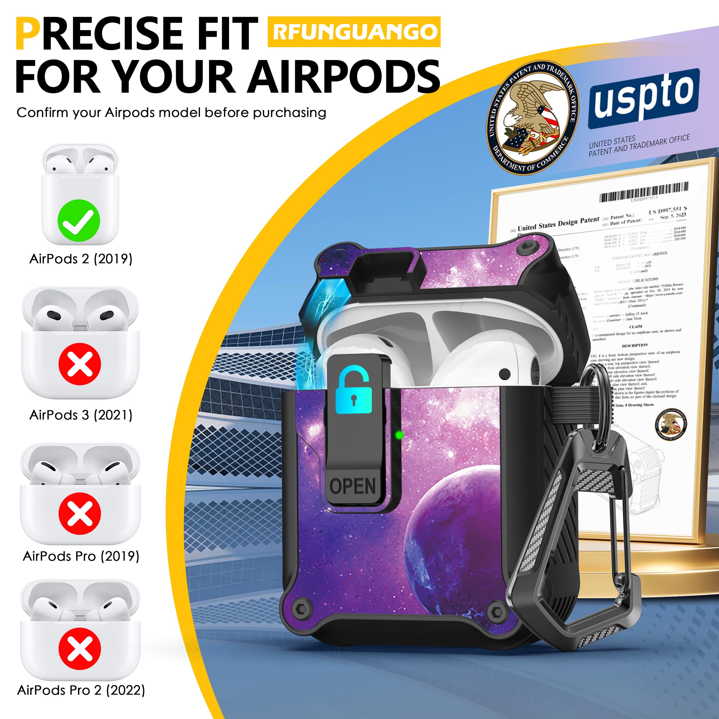 RFUNGUANGO Compatible with Airpods 2nd /1st Case,Automatic Pop-up with Safety Lock Clip, Full Body Shockproof Hard Case with Keychain Compatible with AirPods case,starry sky — view 5