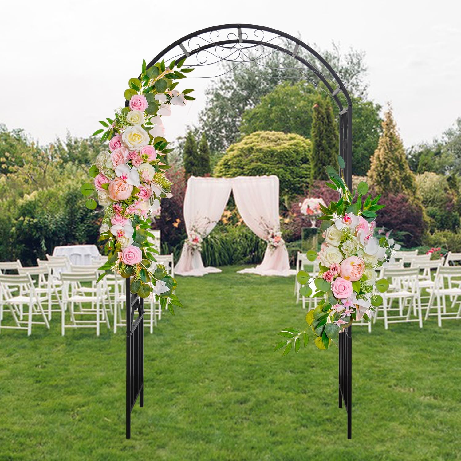Kinsuite Garden Arch Trellis Arches with Door Metal Wedding Arbors for Various Climbing Plant Outdoor Garden Lawn Backyard, Black