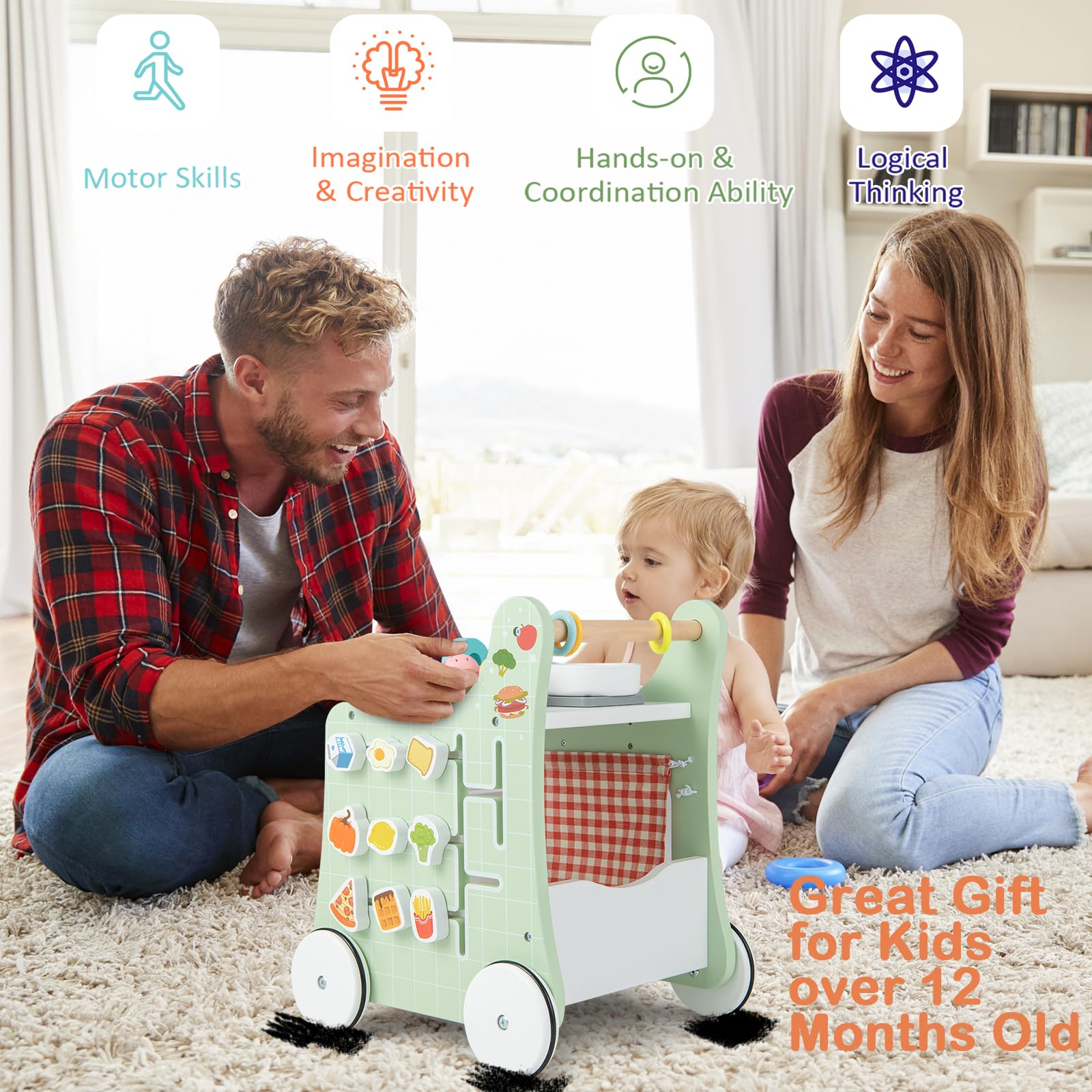 LIFEZEAL Andador para Niños de 1+ Años, Juguete de Cocina para Bebés, Carro de Madera para Empujar con Ruedas Silenciosas, Aprender a Caminar, andador para niño nacido (Verde)