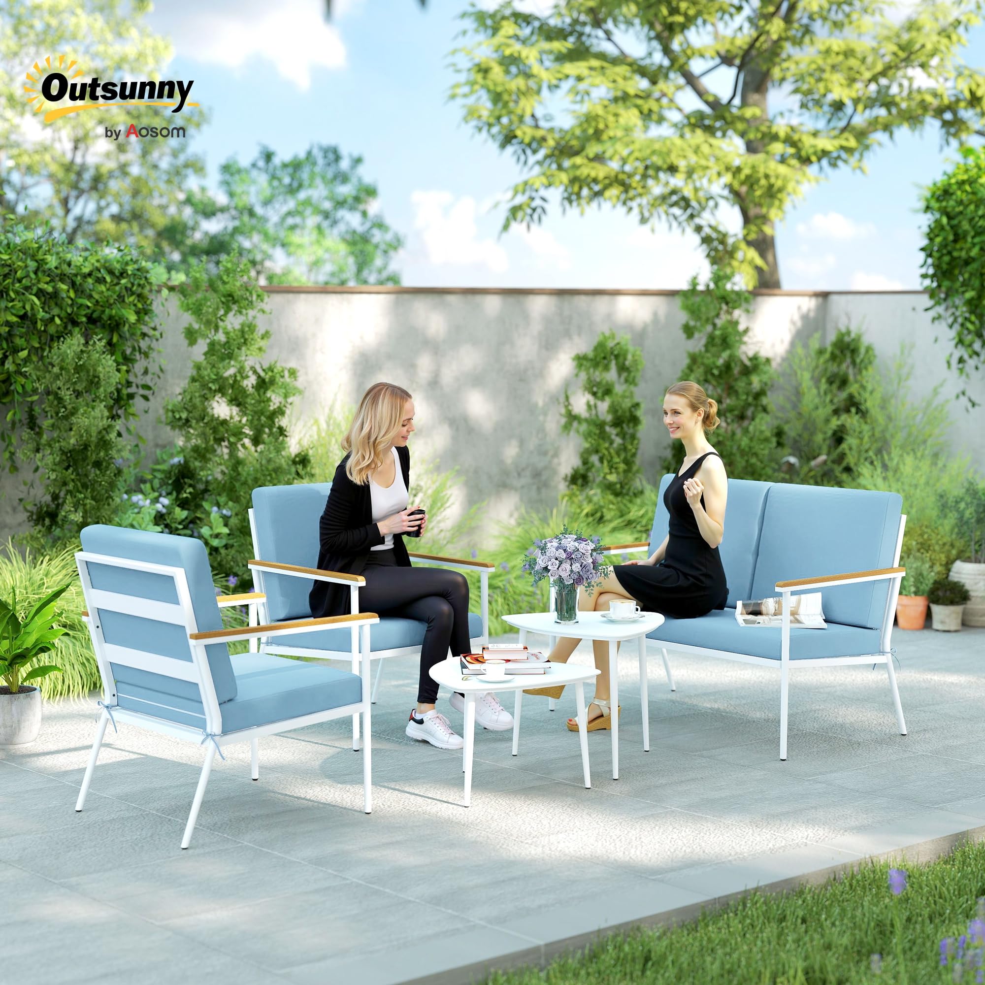 Outsunny Set Salotto da Giardino 5 Pezzi con Divanetto 2 Posti, Poltrone e Tavolino in Vetro, Azzurro