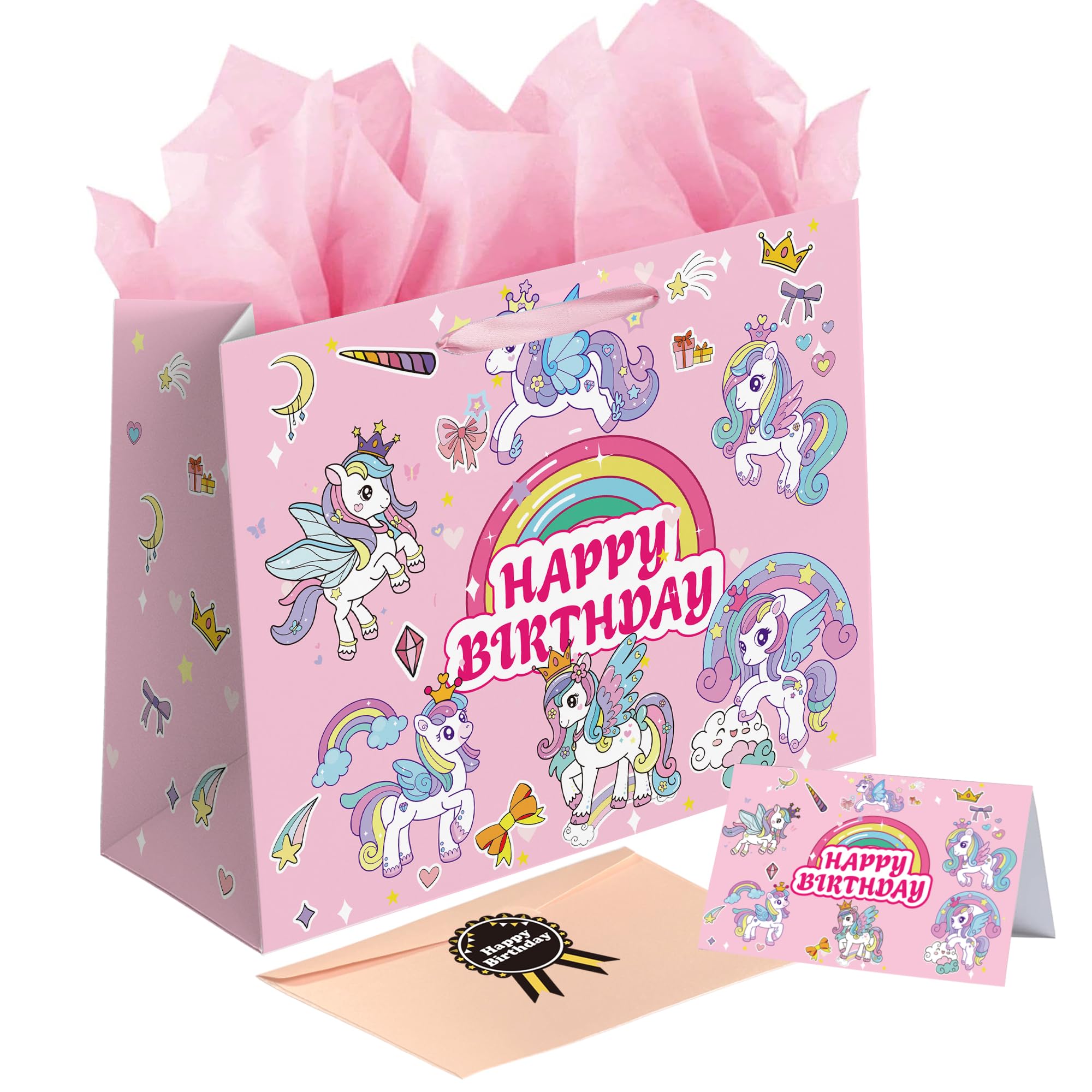 Sumerk 13" Rainbow Birthday Gift Bag with Tissue Papers and Greeting Card, Envelope and Stickers - Pink Gifts Wrapping Bag for Birthday