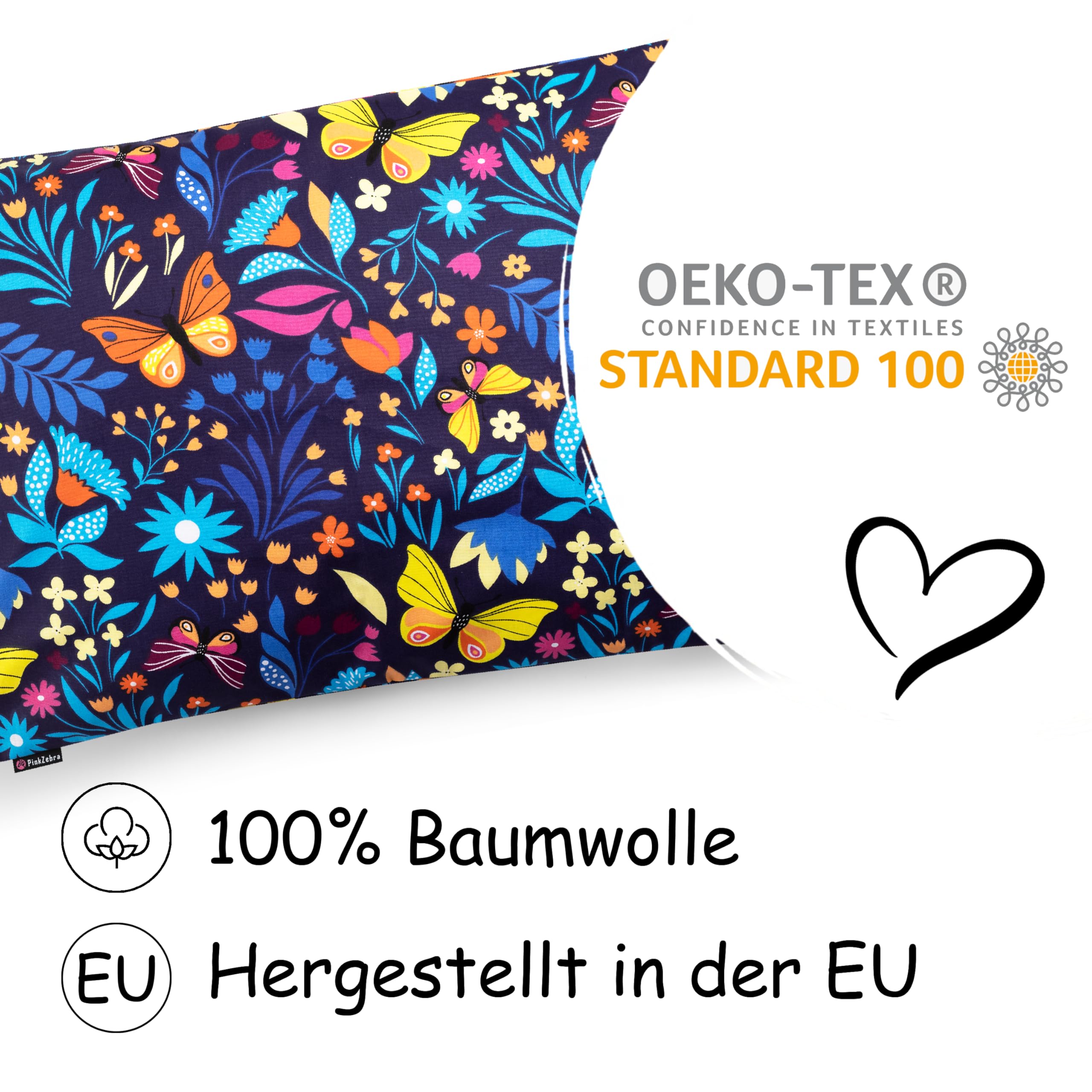 PinkZebra Kopfkissenbezug, Kissenbezug 60 x 80 cm aus 100% Baumwolle, Kissenhülle, Öko-tex Standard 100, Kinderbezüge mit Reißverschluss, Schmetterlinge Bunt