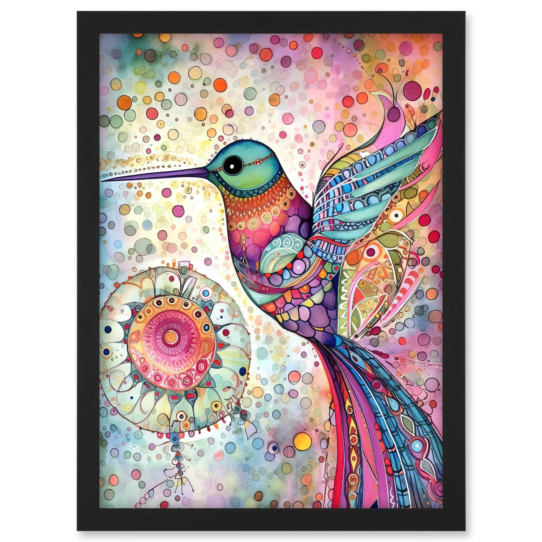 Artery8 Hummingbird With Mandala Patterns Colourful Folk Art Watercolour Painting Artwork Framed A3 Wall Art Print