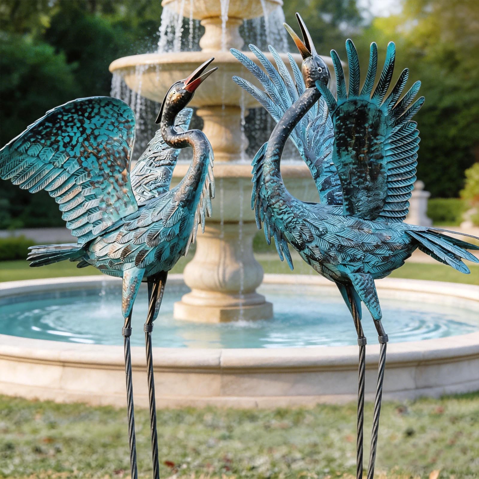 Natelf Garden Crane Sculptures & Statues, Blue Heron Decor Outdoor Large Bird Yard Art, Standing Metal Herons Lawn Ornaments for Home Patio Porch Backyard Decorations(Set of 2)