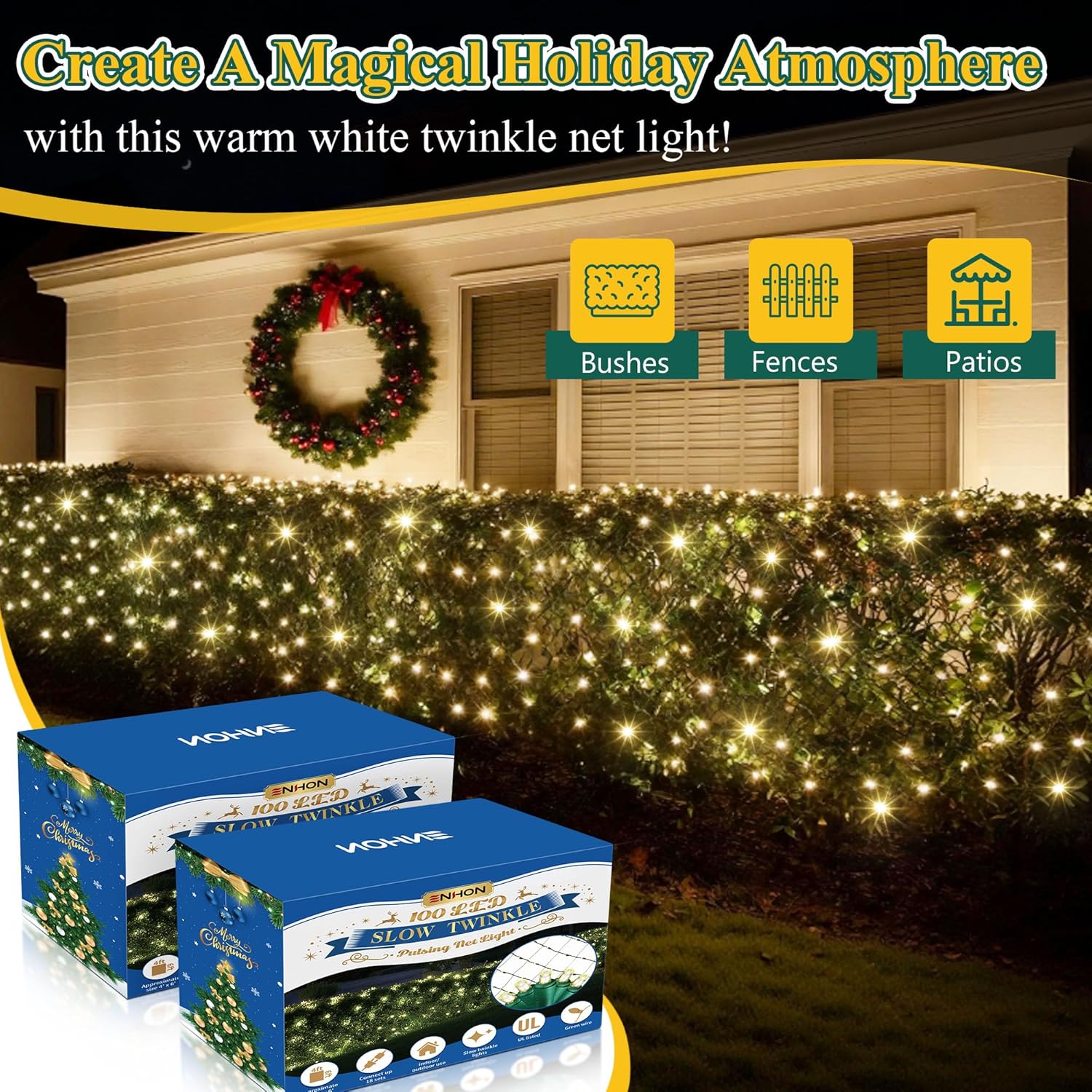 Enhon Slow Twinkling Christmas Net Lights, 6 x 4 ft Net, 100 Bulbs Twinkle Pulsing, 5mm LED Wide Angle Soft Random Shimmering Outdoor Light Set with Green Wire, Warm White(2 Pack)