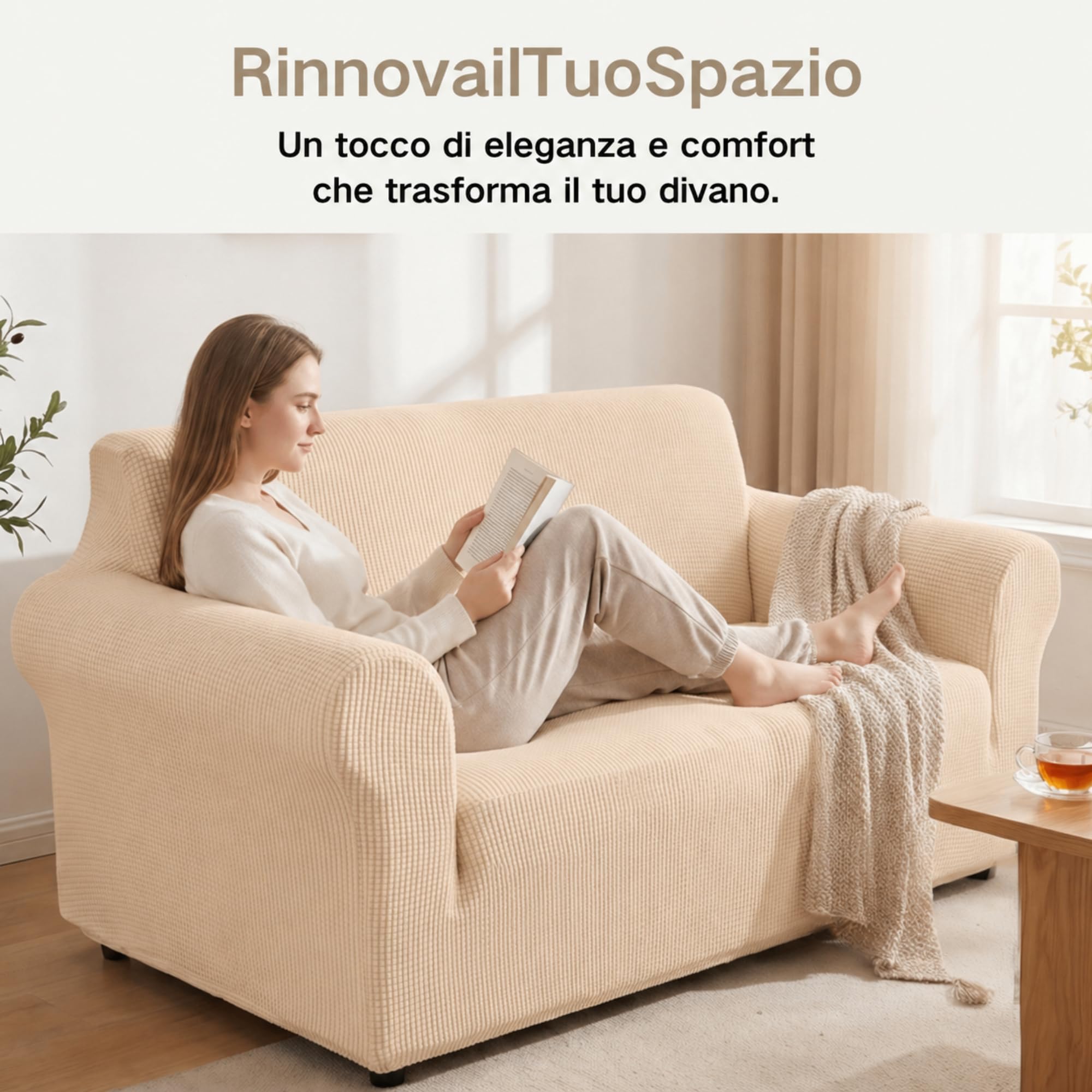 VKZ Funda de Sofá Ajustable, Cubresofa para 2 Plazas,Funda Sofá Protectora y Decorativa, Fácil de Colocar y Lavar,Beige