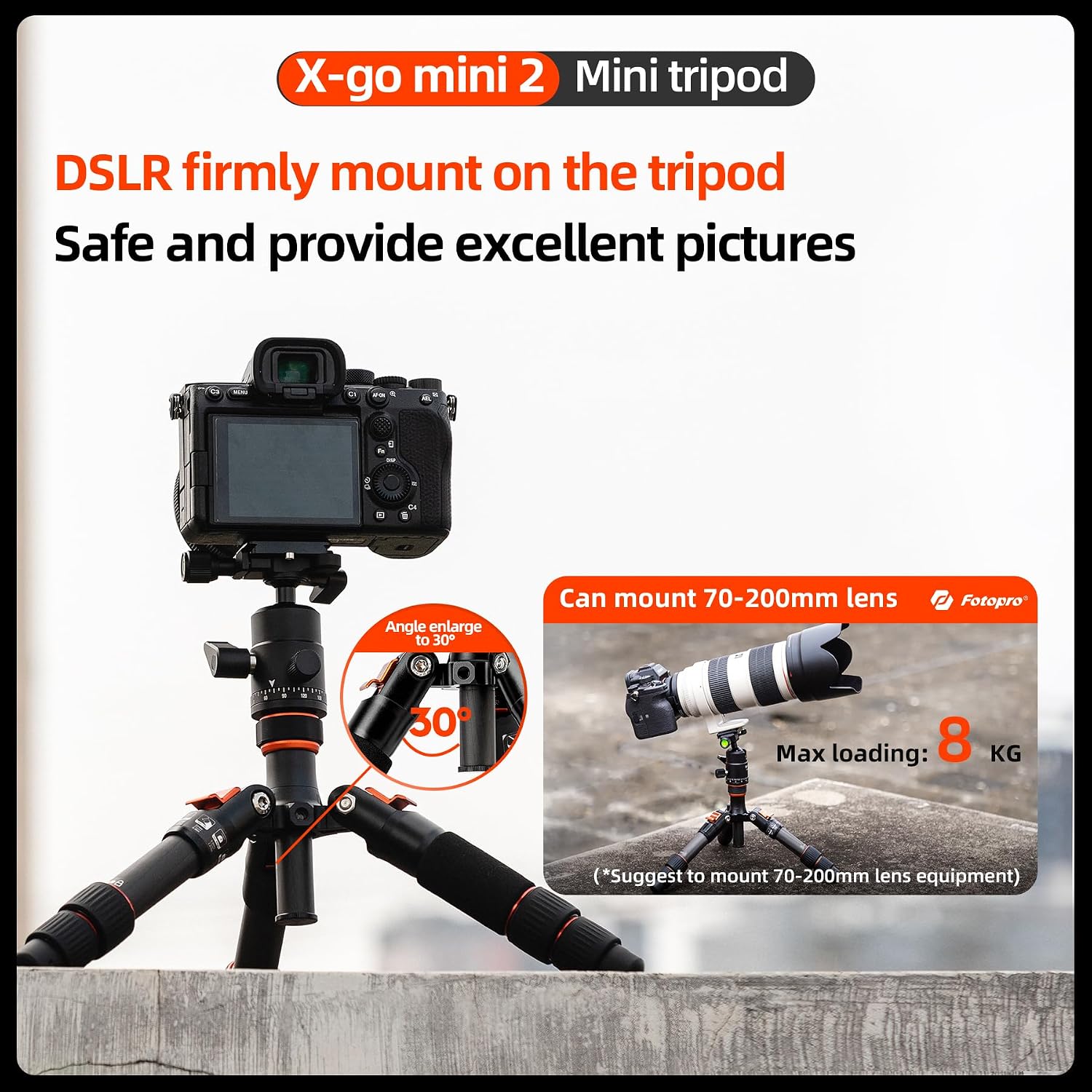 Fotopro Mini Tripod for Camera, Carbon Fiber Portable Small Tabletop Travel Tripod Stand with 360° Ball Head, Compact & Lightweight, 8kg/17.6 lbs Load for DSLR Mirrorless Camera, X-Go Mini 2